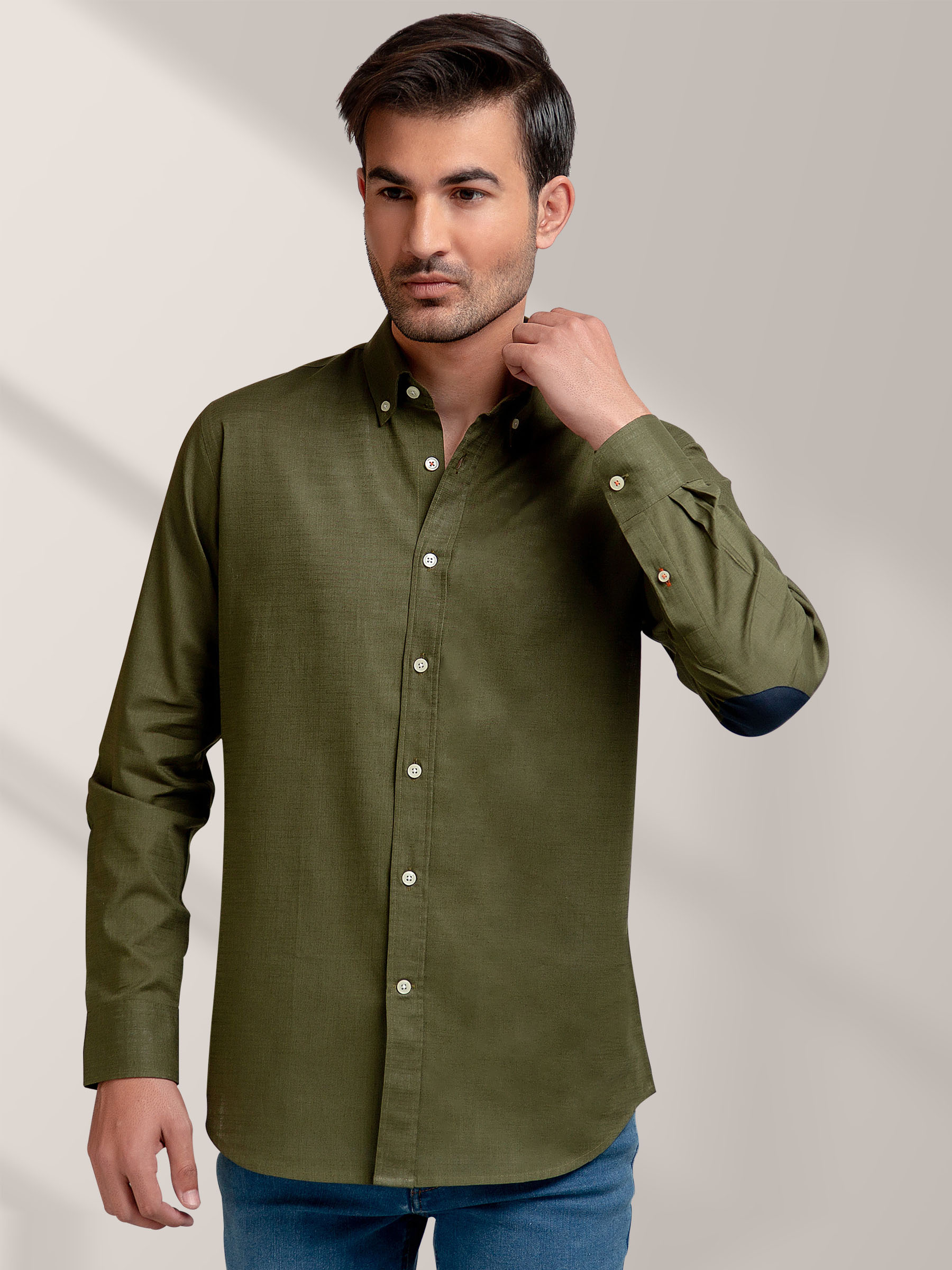 Olive Green Slub Shirt With Elbow Patch