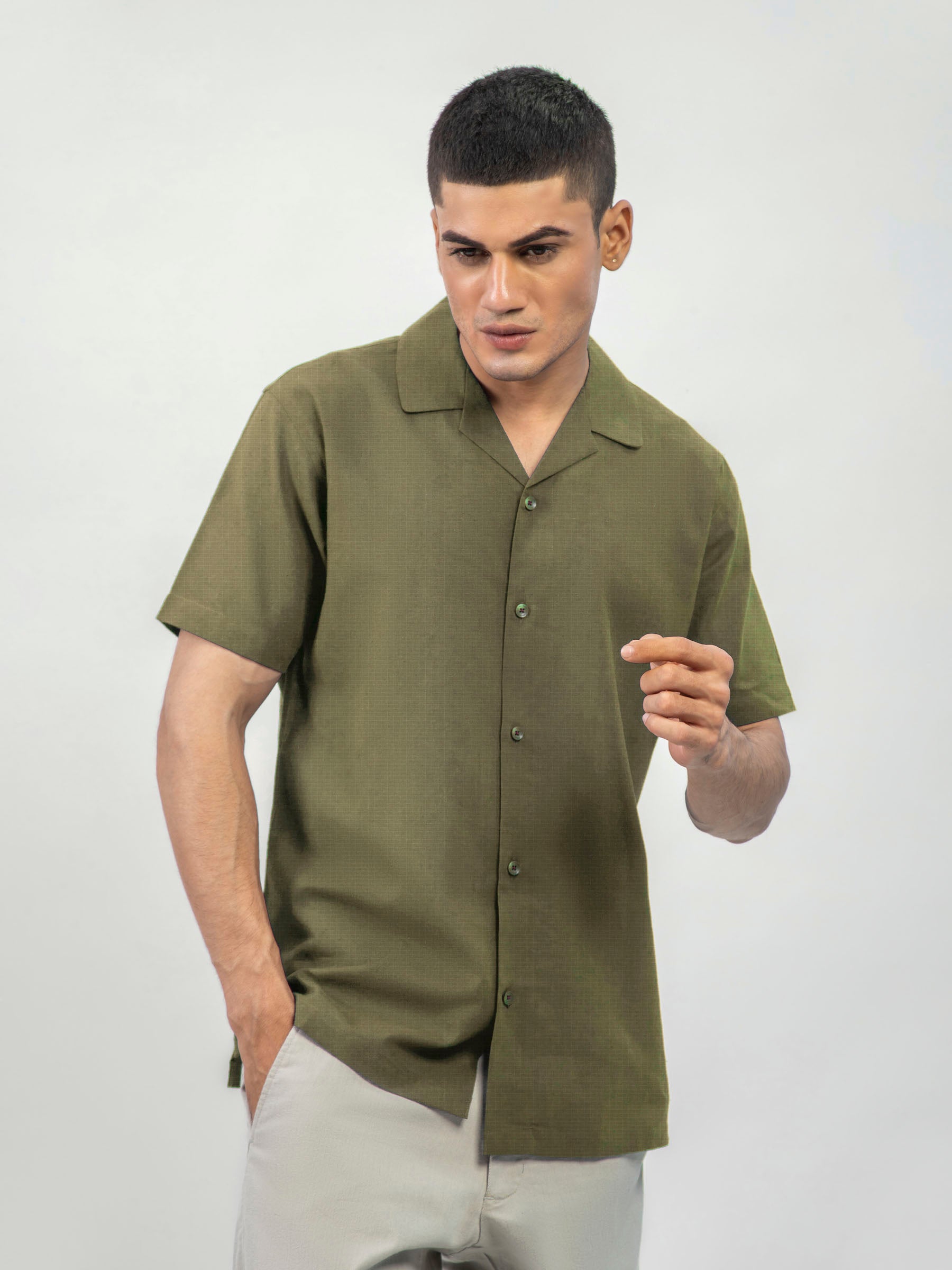 Olive Green Structured Cuban Collar