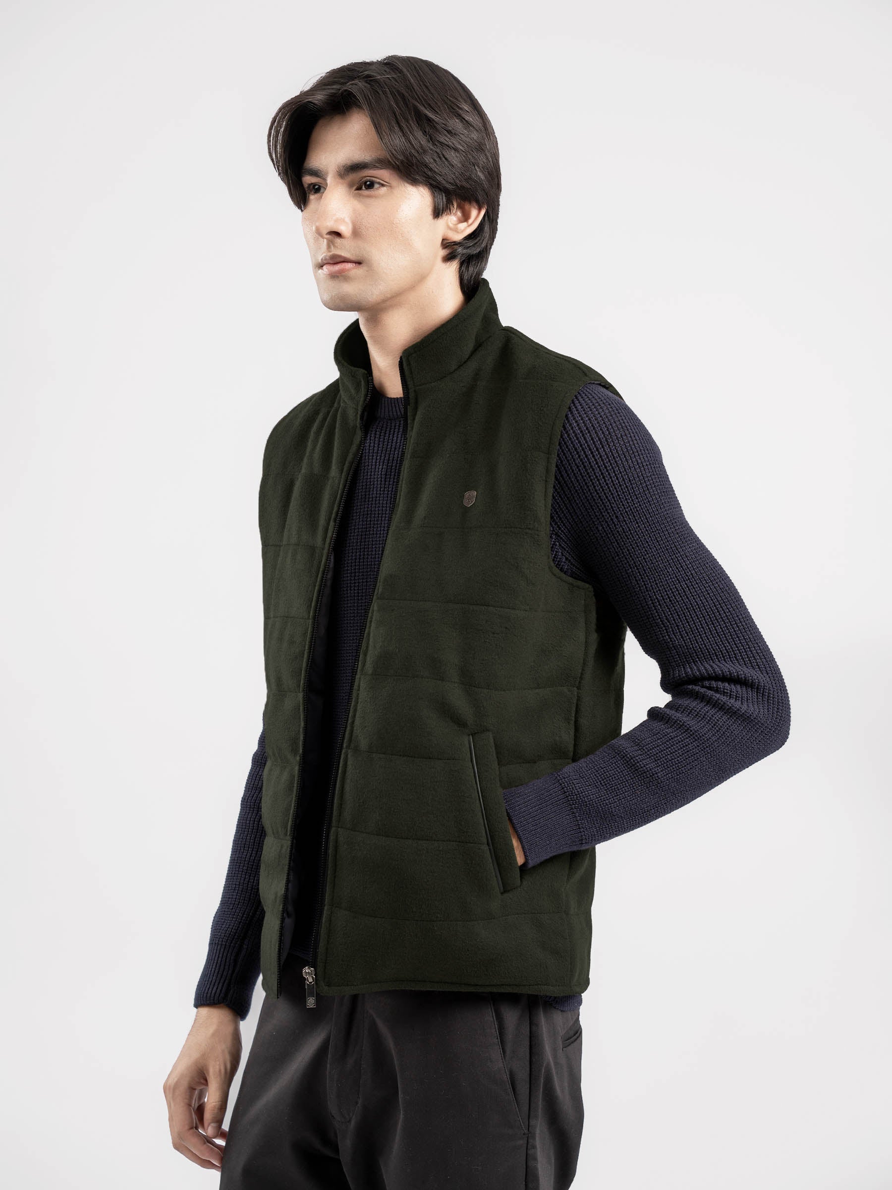 Olive Green Wool Sleeveless Zipper Jacket