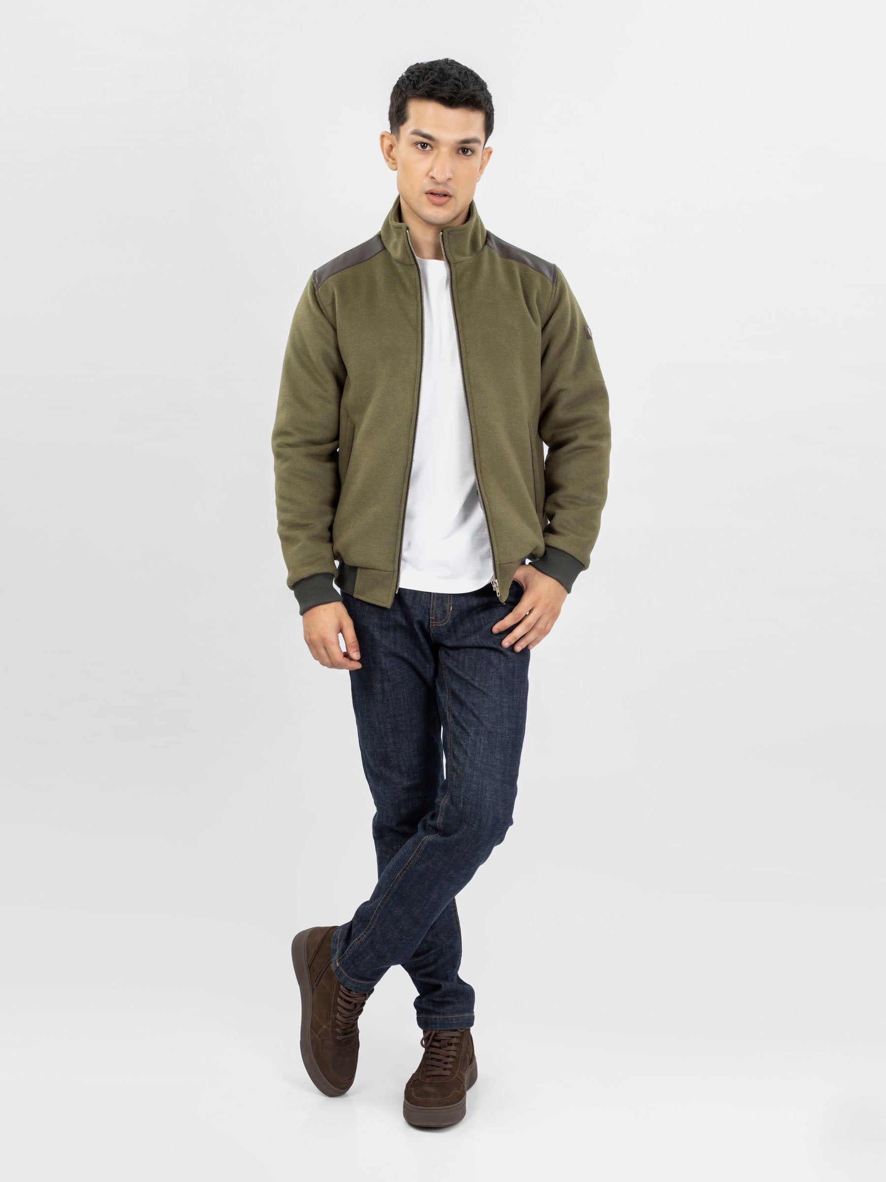 Olive Green Woolen Quilted Jacket