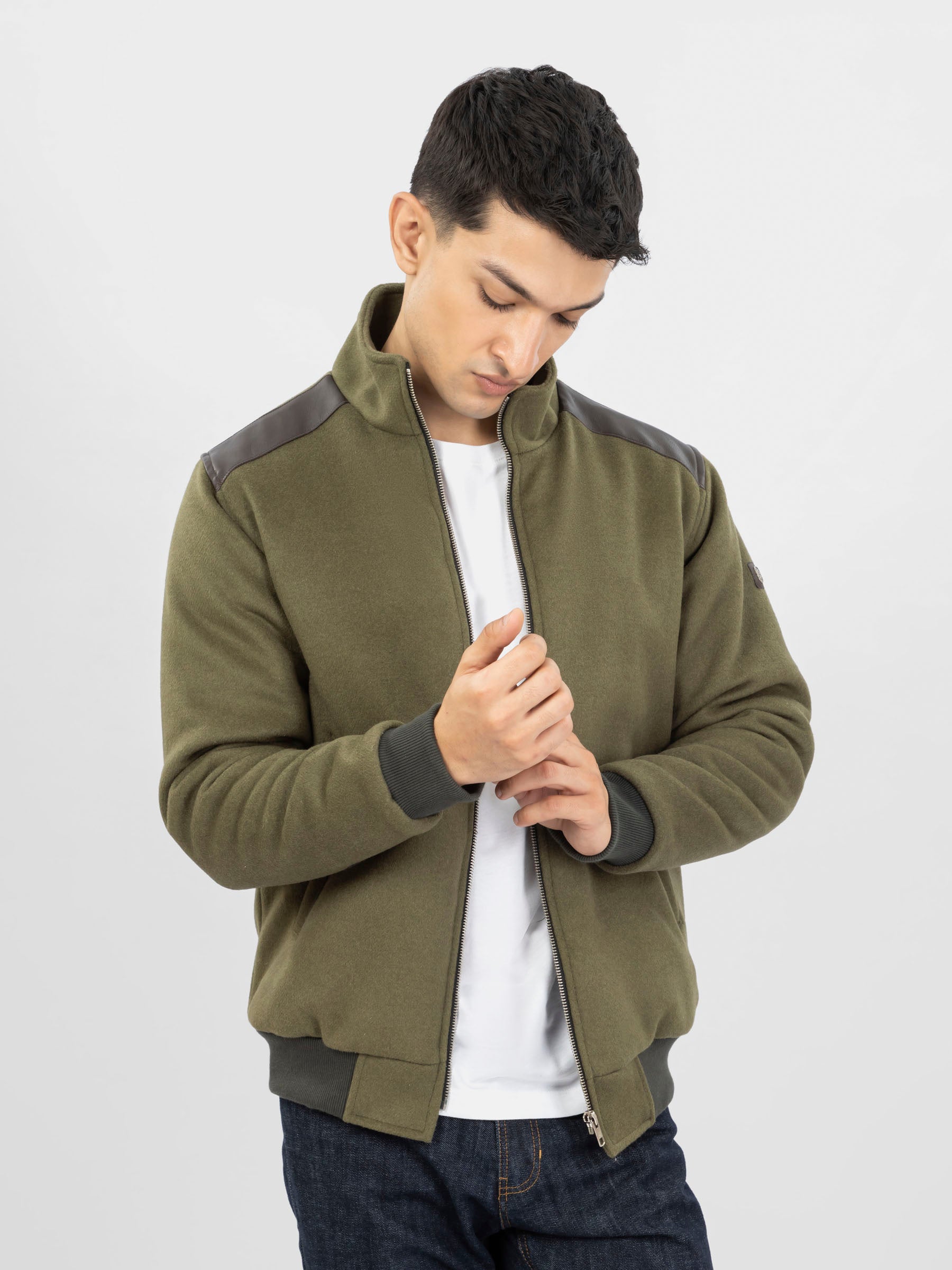 Olive Green Woolen Quilted Jacket