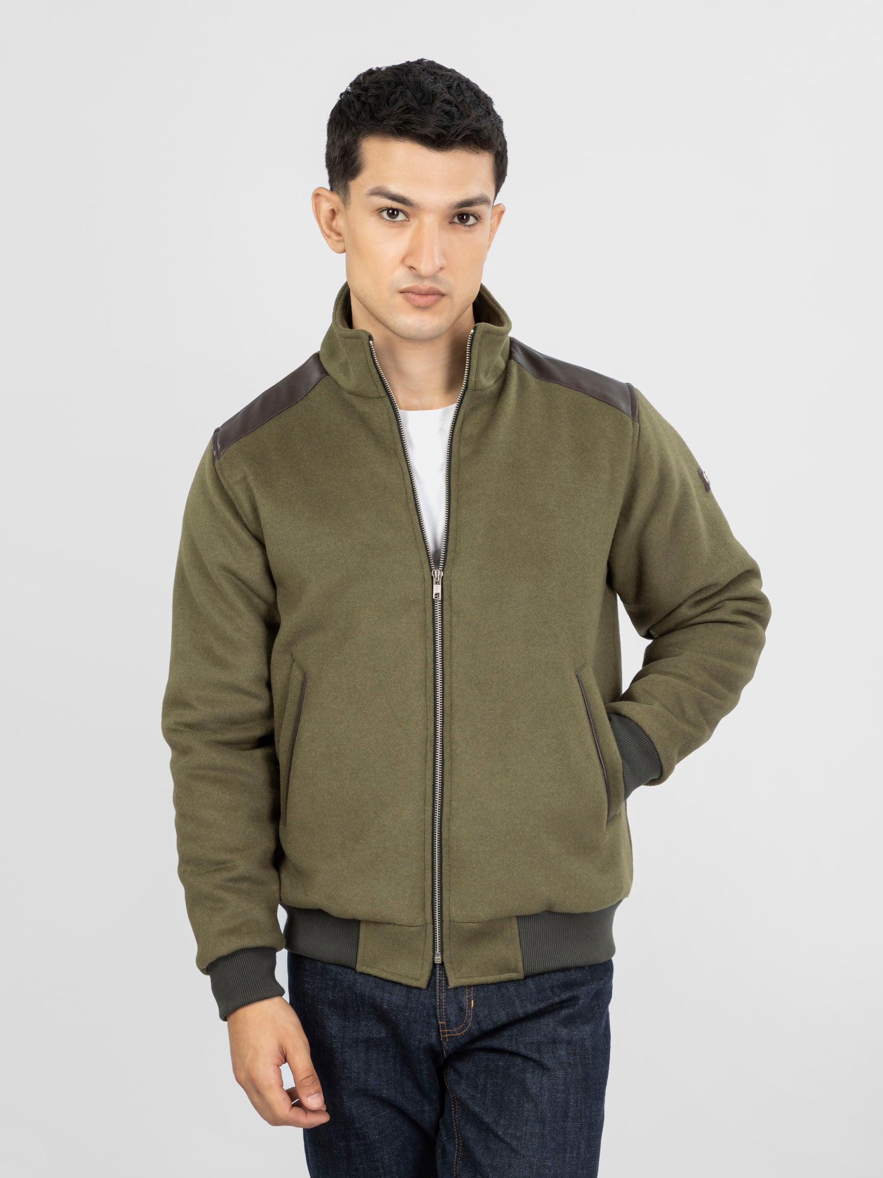 Olive Green Woolen Quilted Jacket