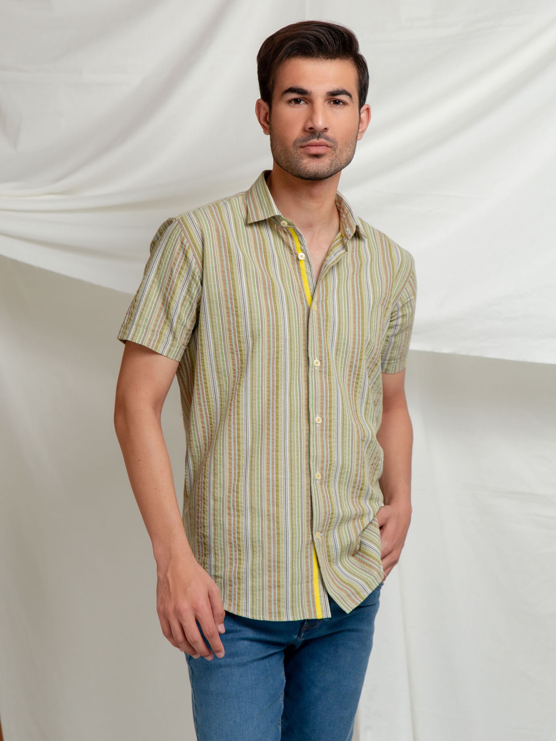 Olive Striped Seersucker Half Sleeve Shirt