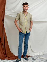 Olive Striped Seersucker Half Sleeve Shirt