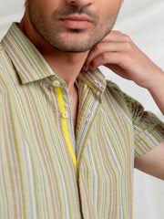 Olive Striped Seersucker Half Sleeve Shirt