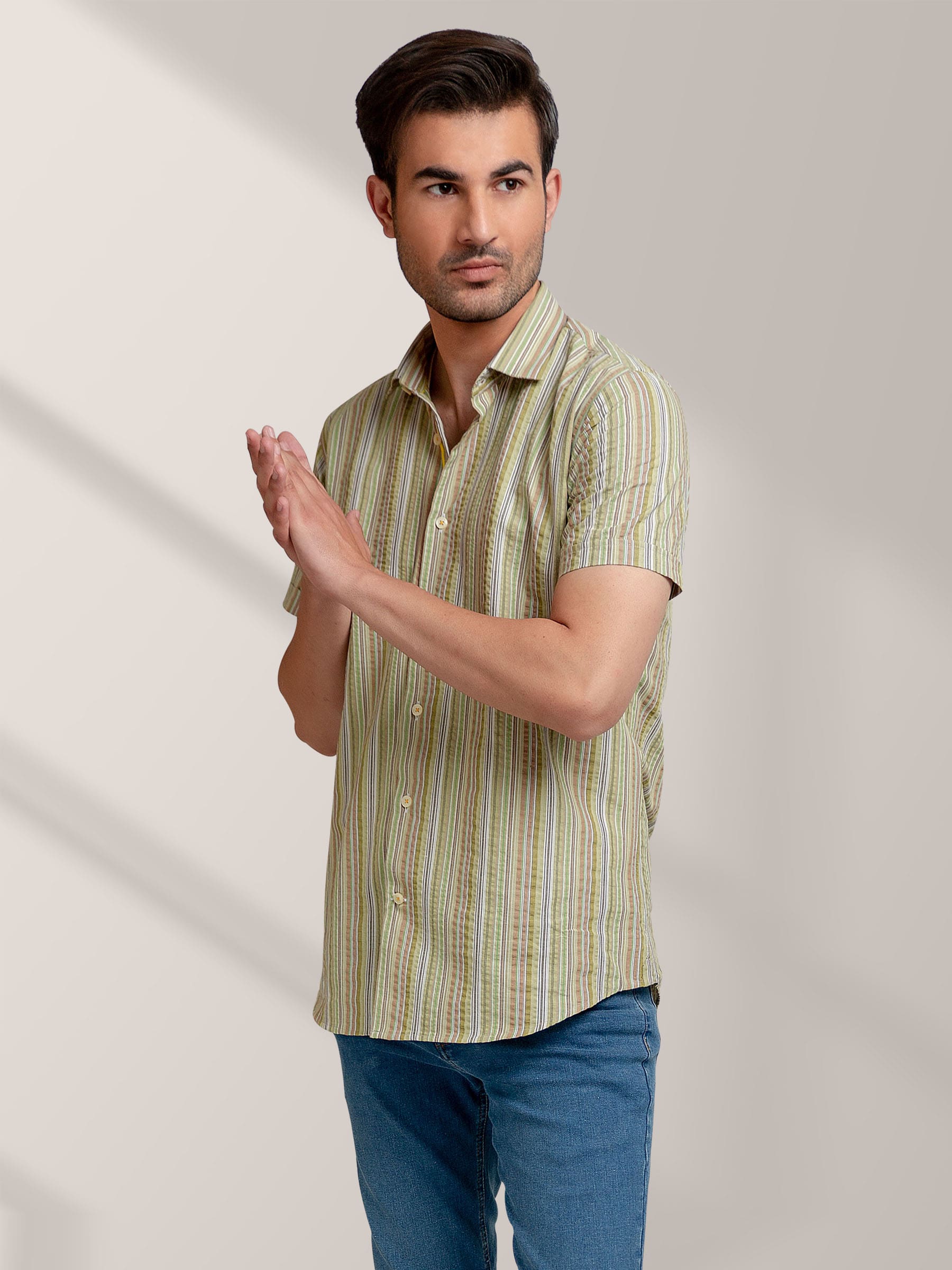 Olive Striped Seersucker Half Sleeve Shirt
