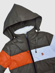 Olive & Orange Casual Puffer Jacket With Sherpa & Hidden Hoodie - Unisex