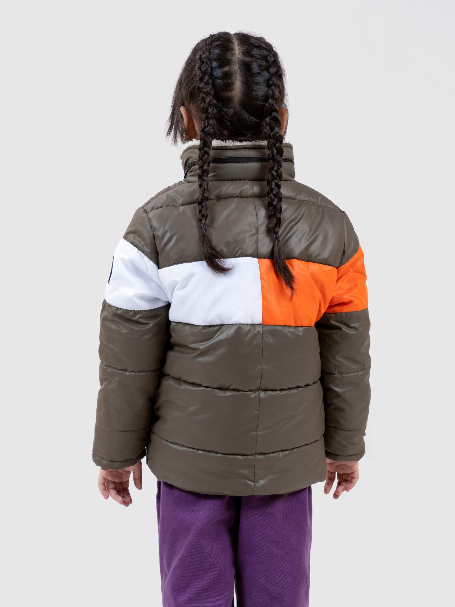 Olive & Orange Casual Puffer Jacket With Sherpa & Hidden Hoodie - Unisex