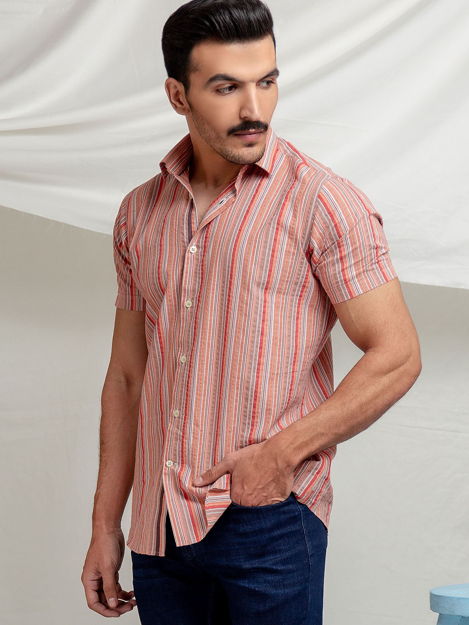 Orange Striped Seersucker Half Sleeve Shirt