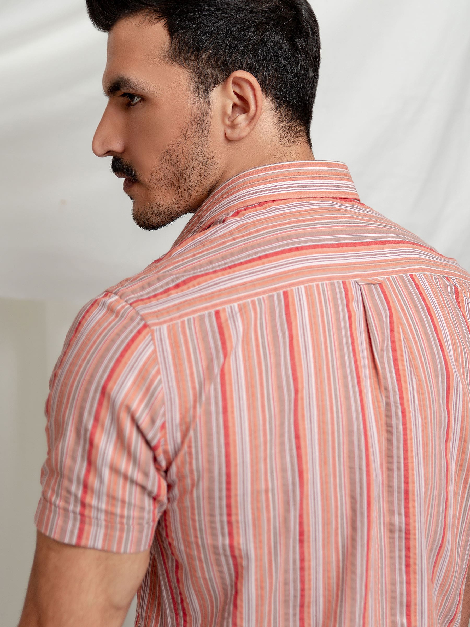 Orange Striped Seersucker Half Sleeve Shirt
