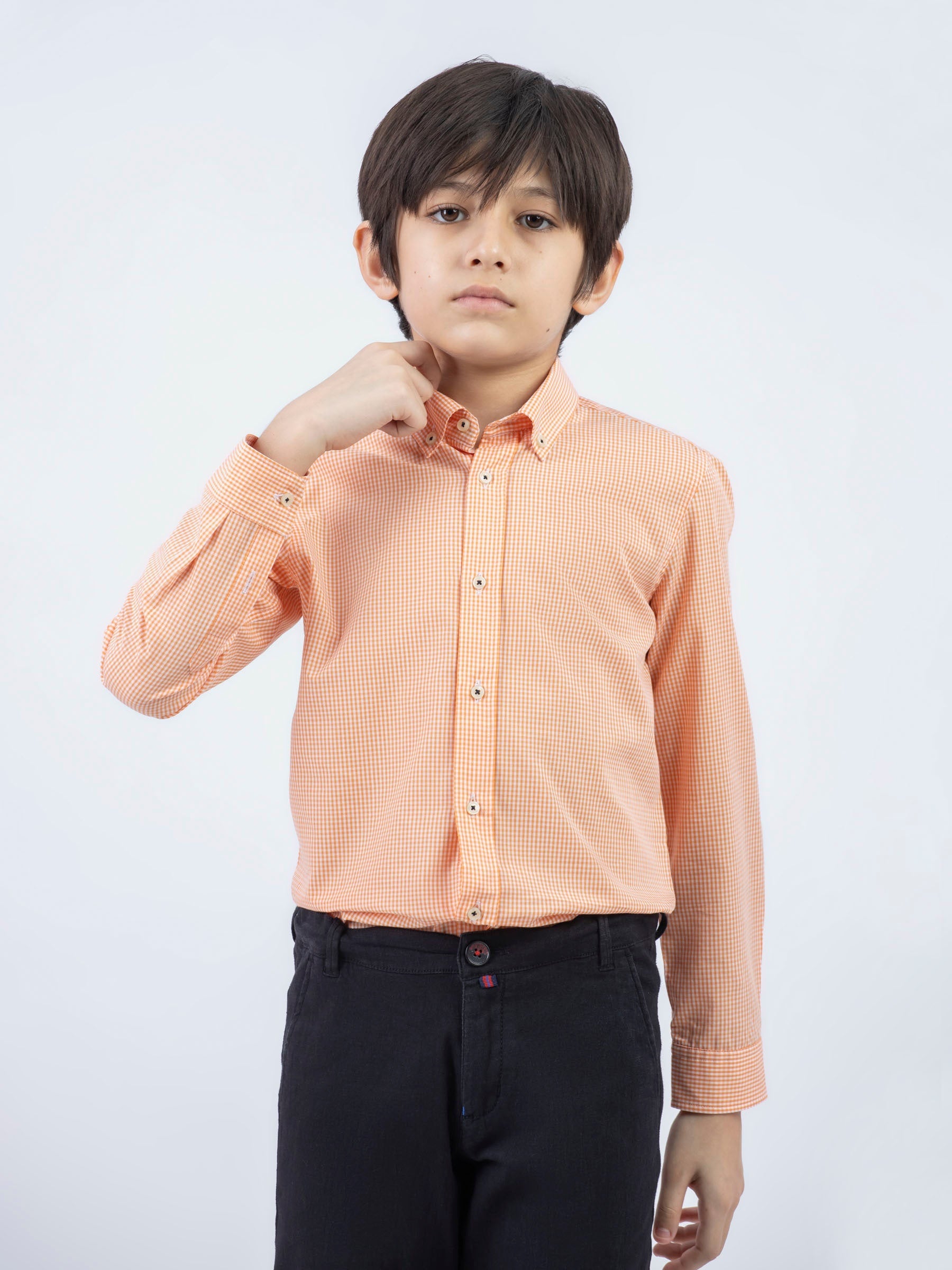 Orange Micro Gingham Button Down Casual Shirt