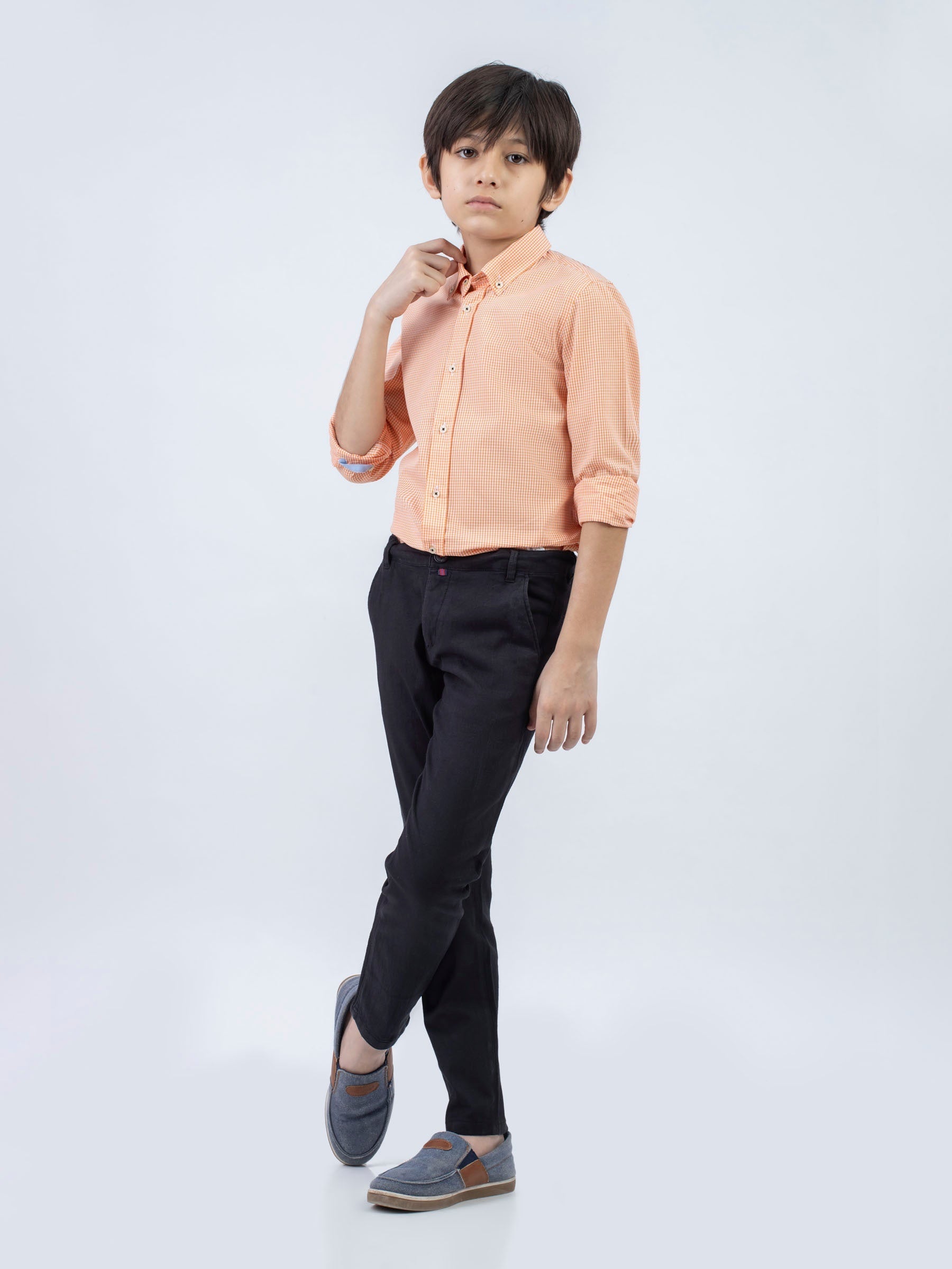 Orange Micro Gingham Button Down Casual Shirt