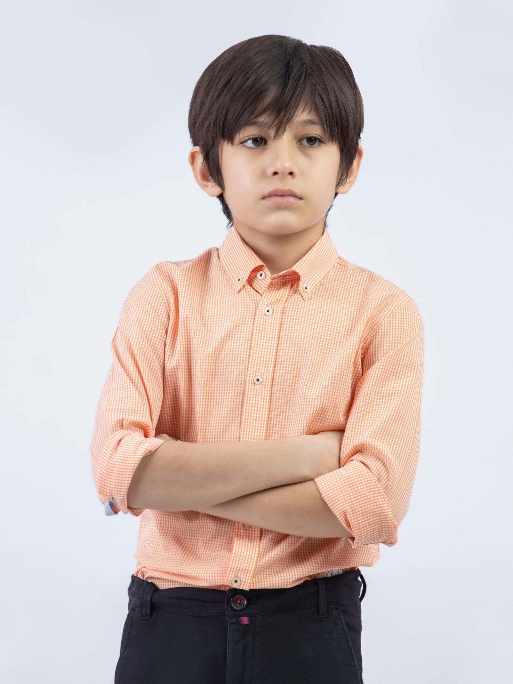 Orange Micro Gingham Button Down Casual Shirt
