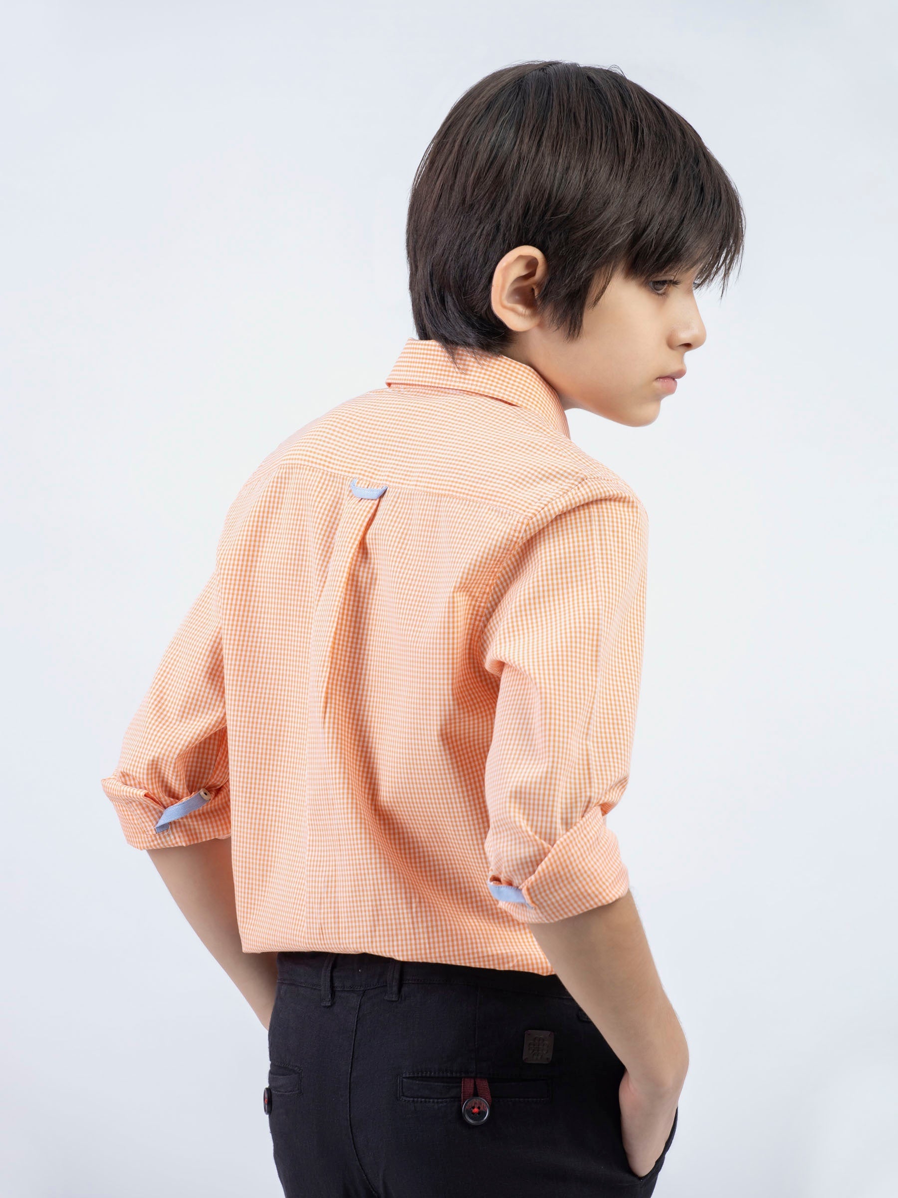 Orange Micro Gingham Button Down Casual Shirt
