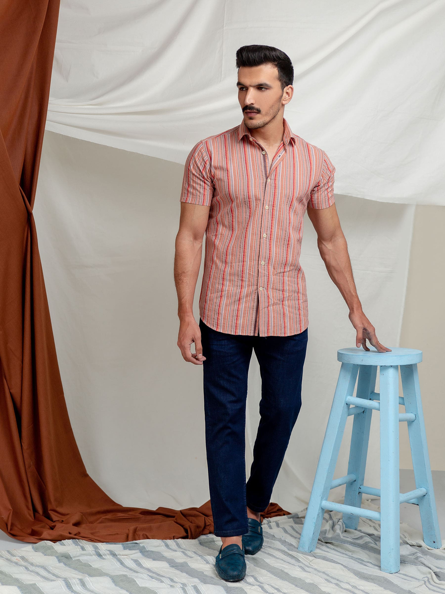 Orange Striped Seersucker Half Sleeve Shirt
