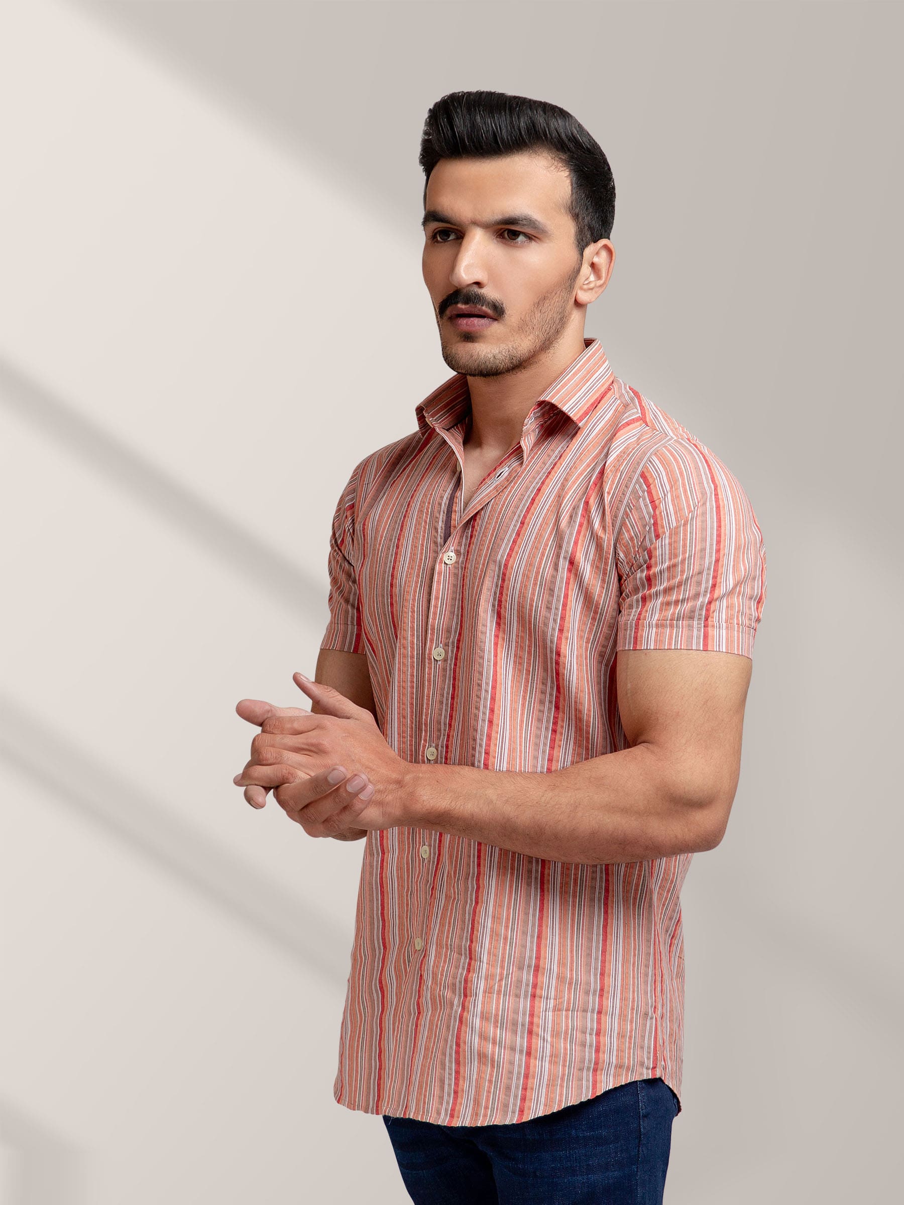 Orange Striped Seersucker Half Sleeve Shirt