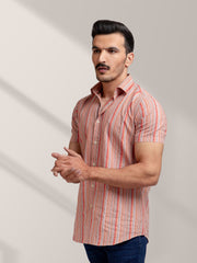 Orange Striped Seersucker Half Sleeve Shirt