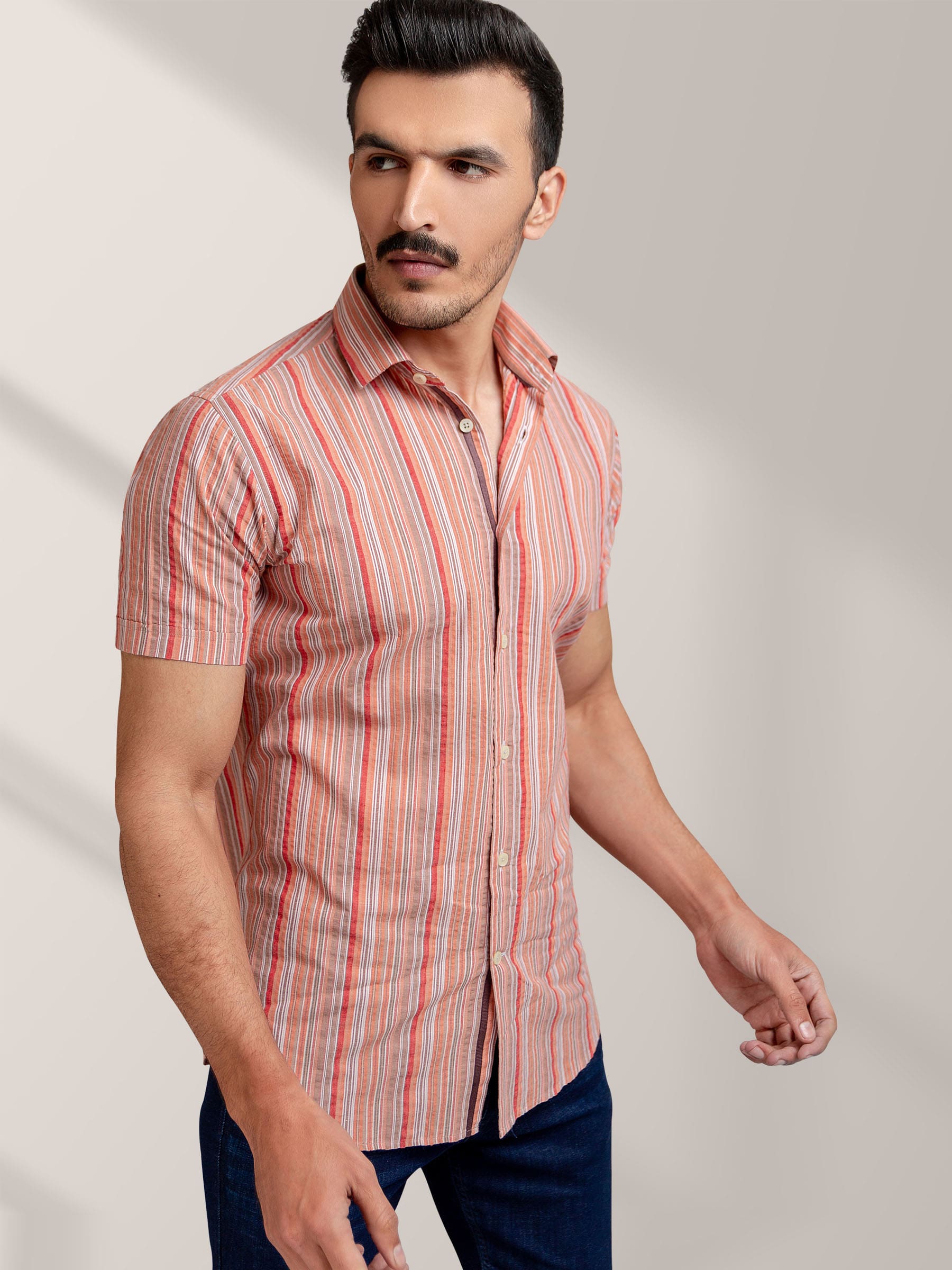 Orange Striped Seersucker Half Sleeve Shirt