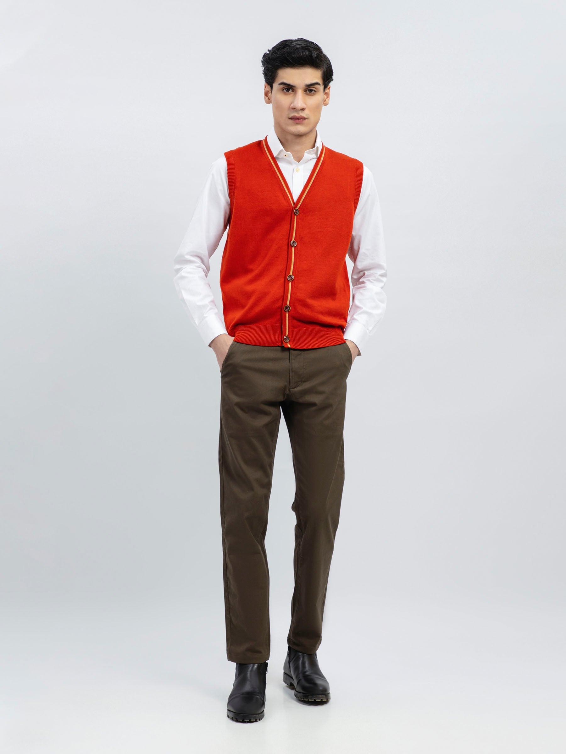 Orange Wool Blended Sleeveless Cardigan