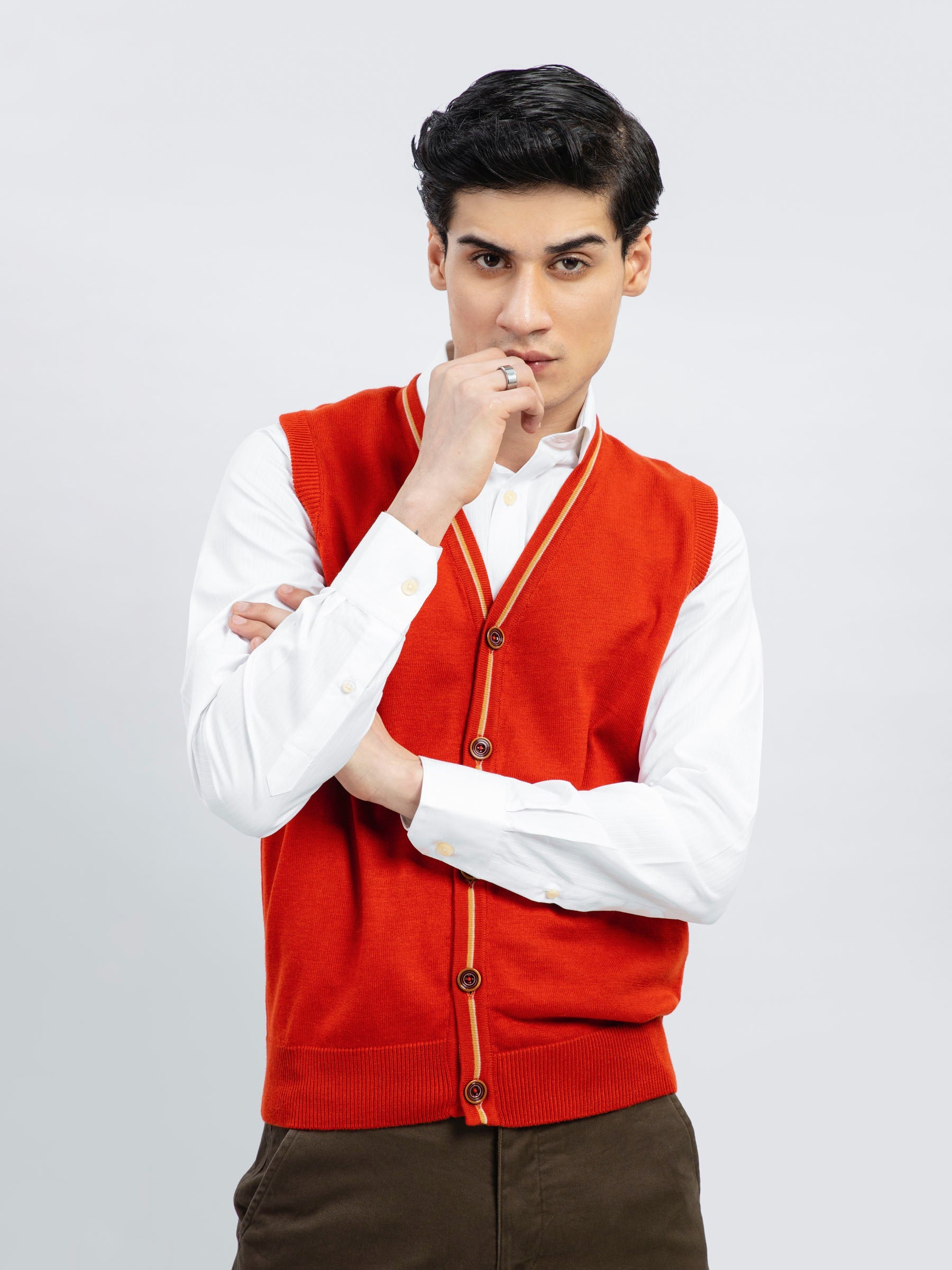 Orange Wool Blended Sleeveless Cardigan