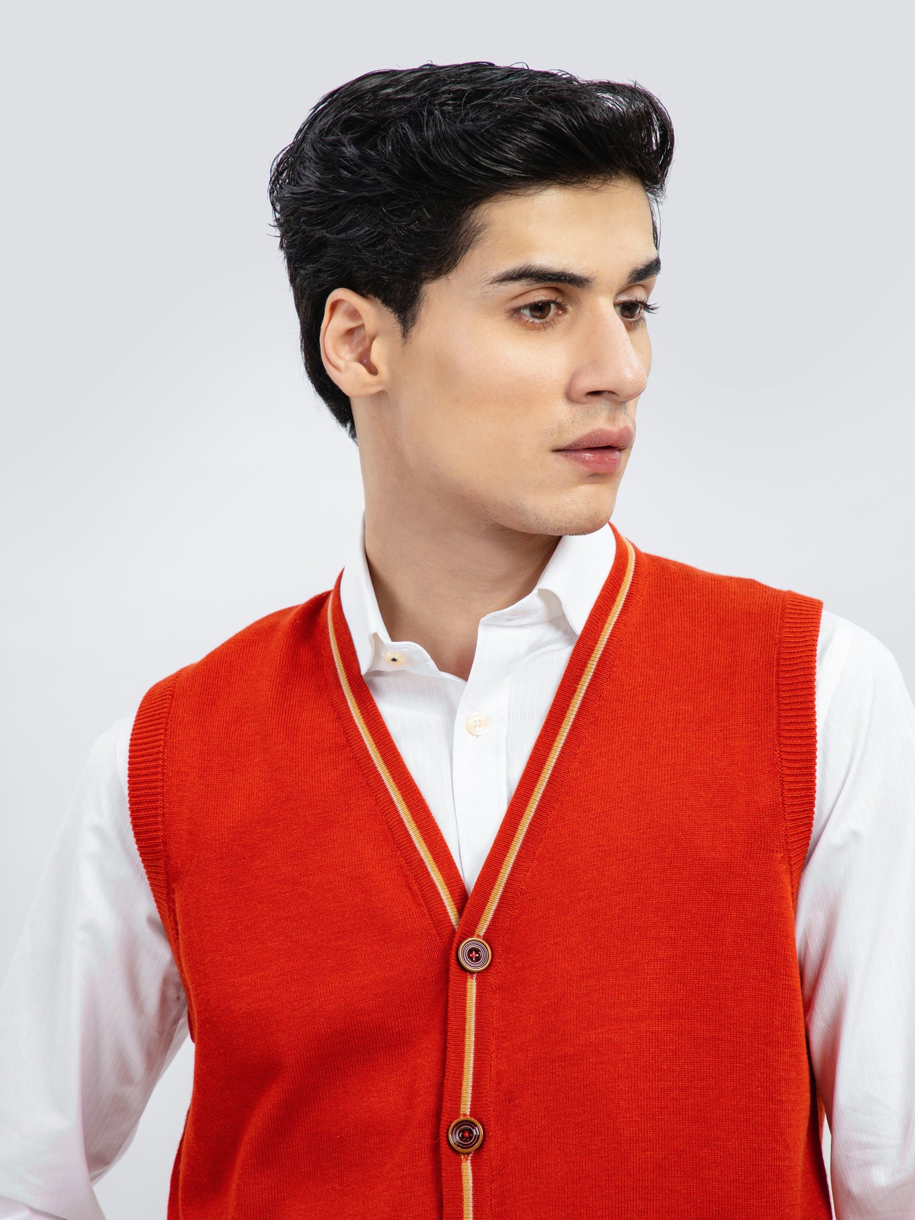 Orange Wool Blended Sleeveless Cardigan