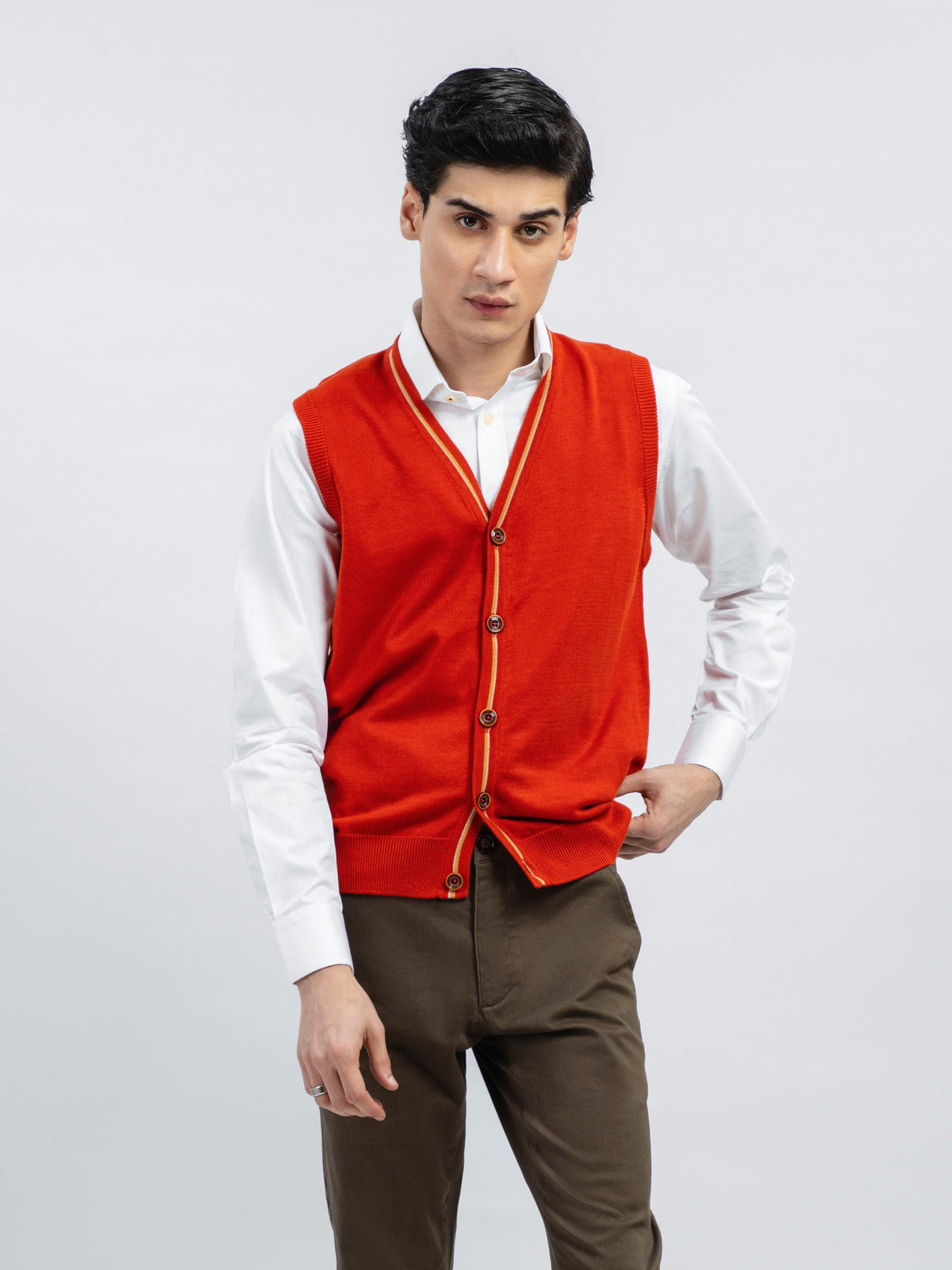 Orange Wool Blended Sleeveless Cardigan