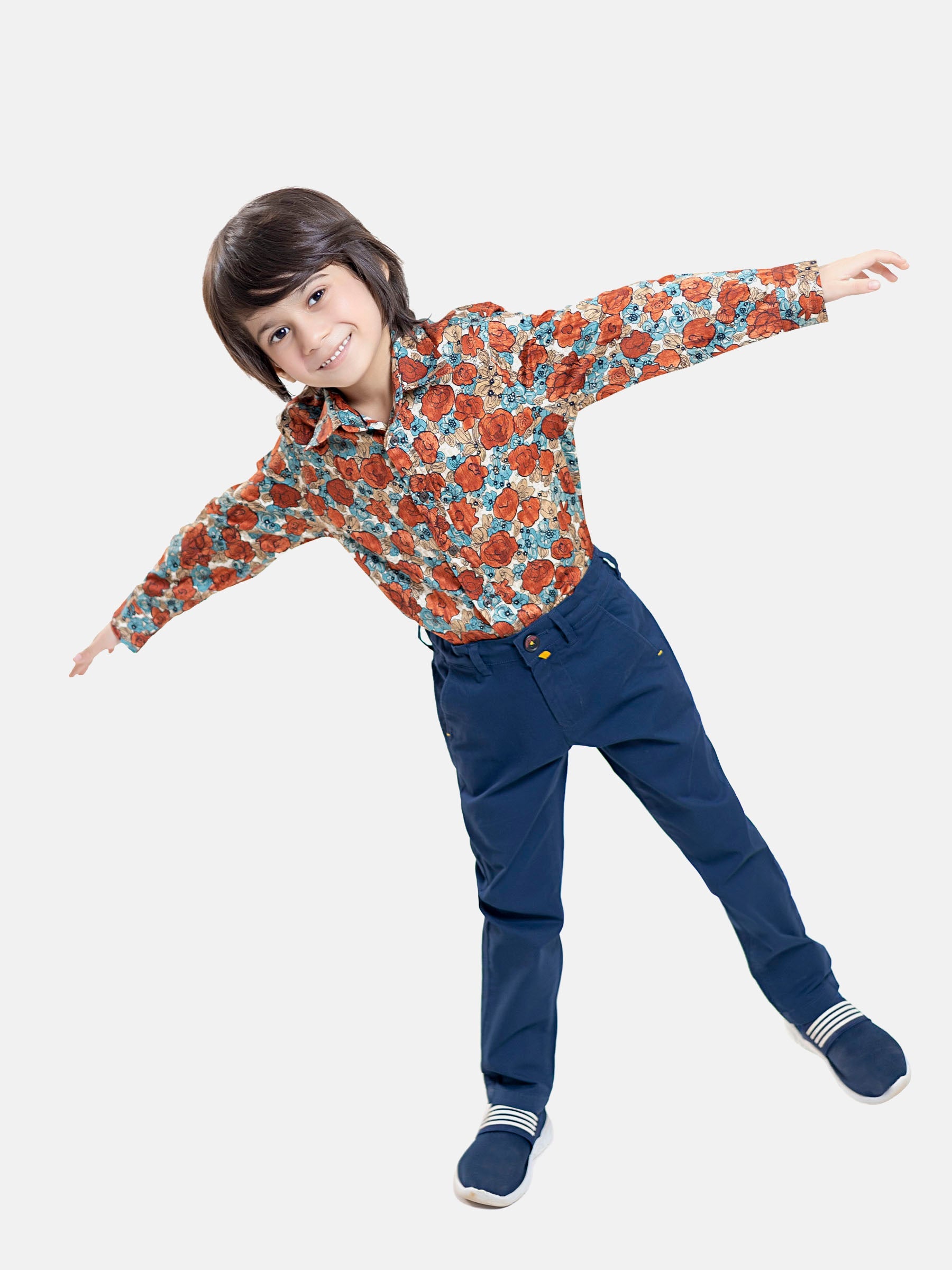 Orange & Blue Floral Printed Casual Shirt