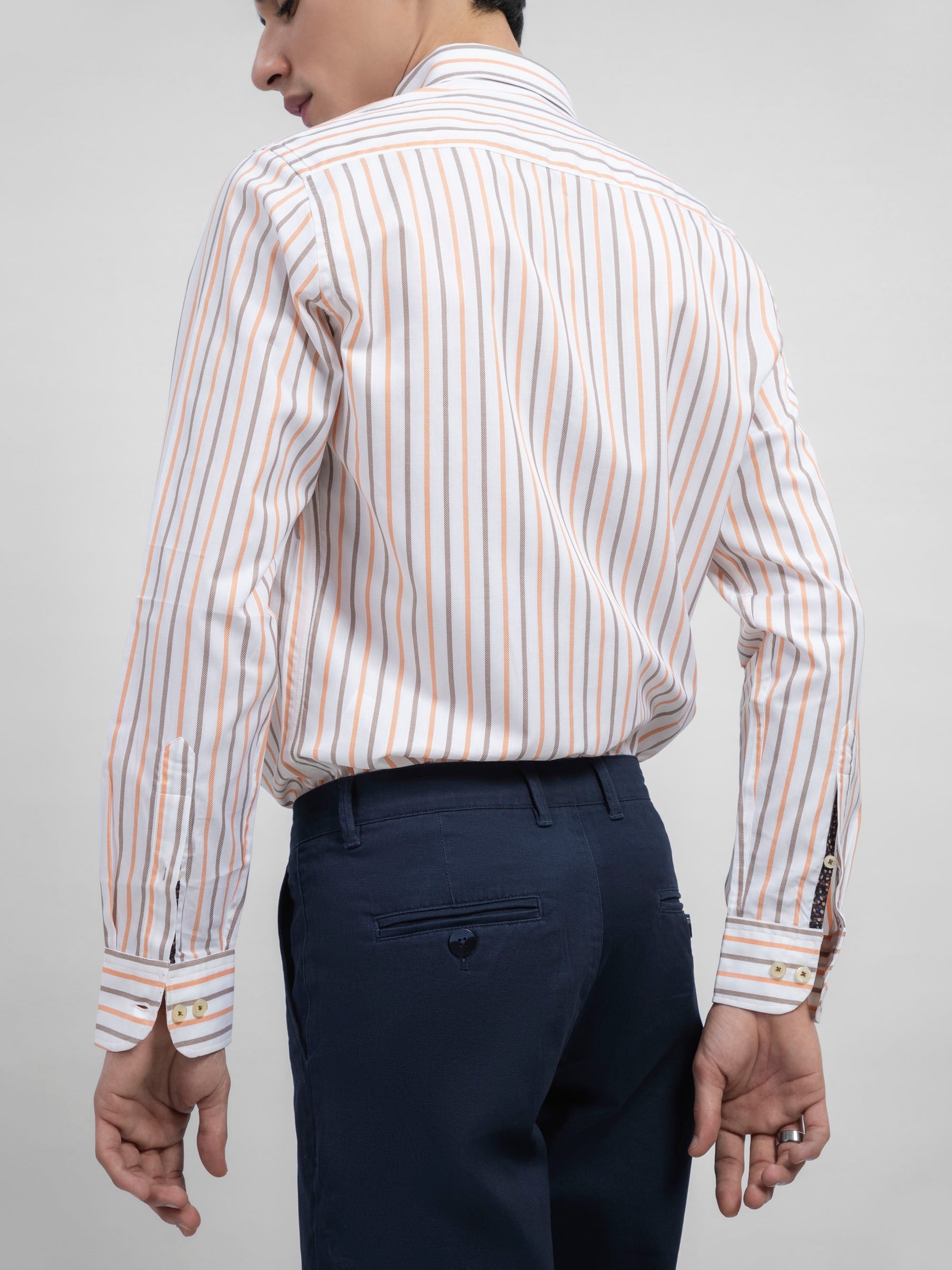 Orange & White Striped Button Down Shirt With Detailing