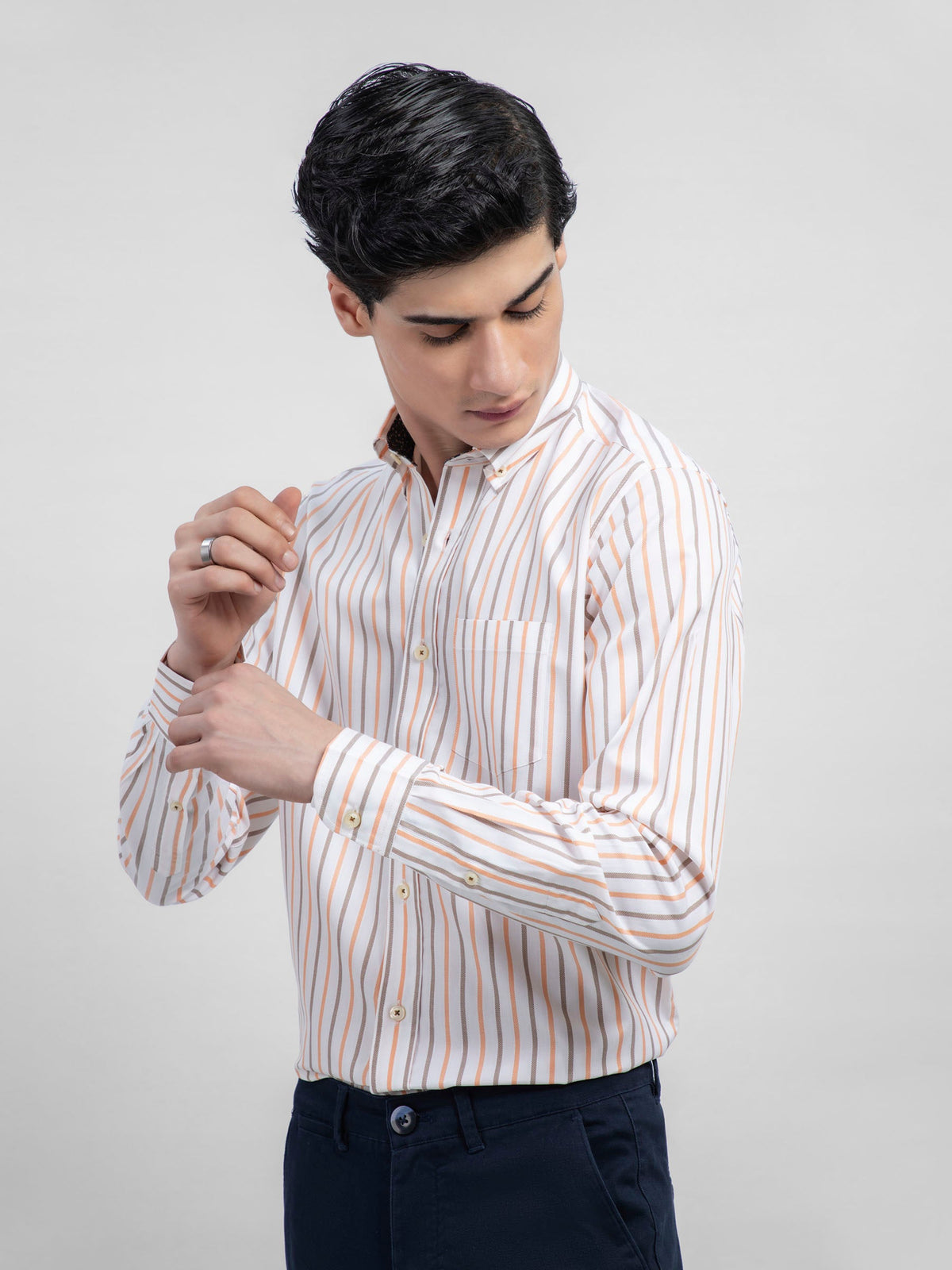 Orange & White Striped Button Down Shirt With Detailing