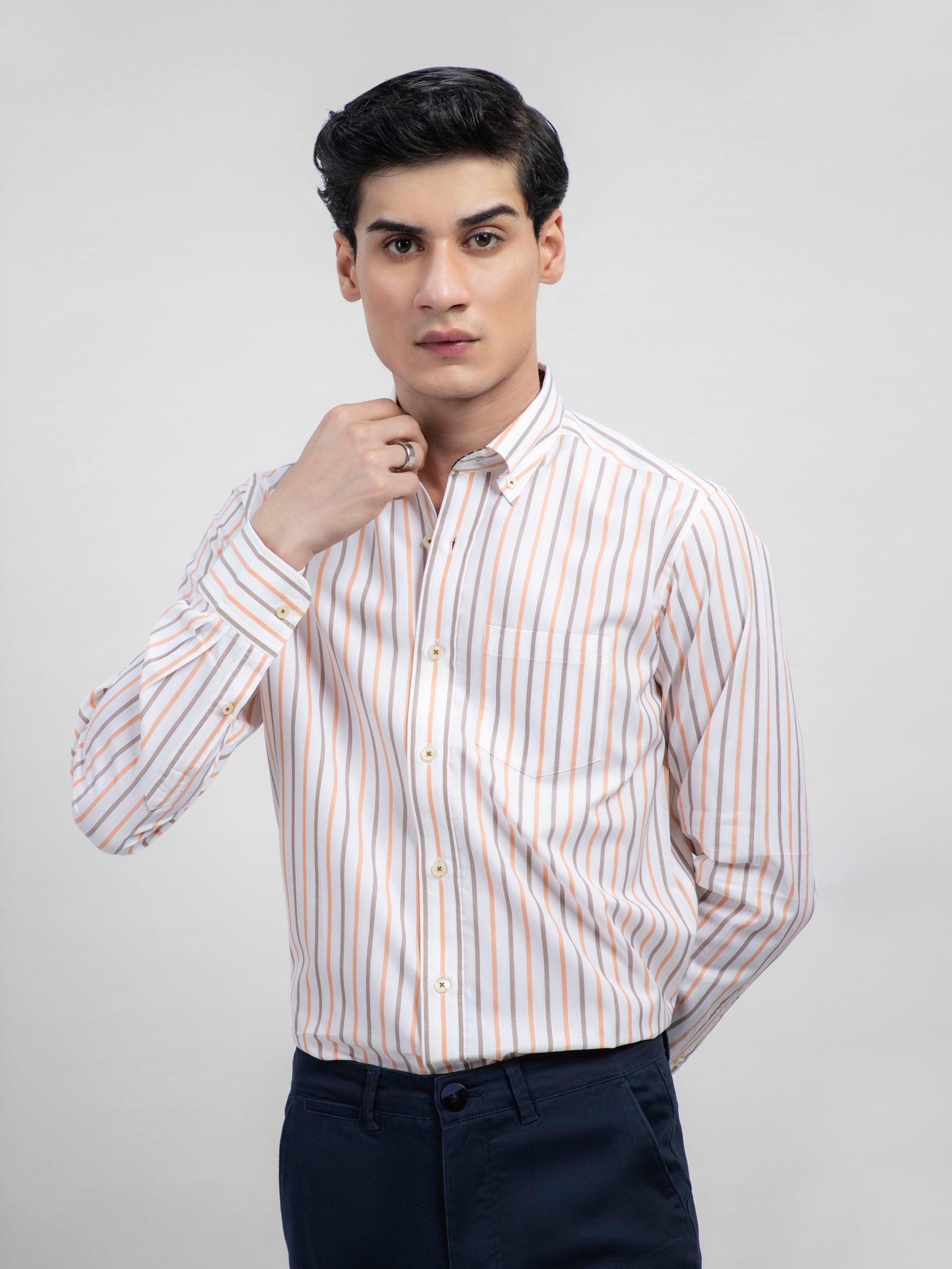 Orange & White Striped Button Down Shirt With Detailing