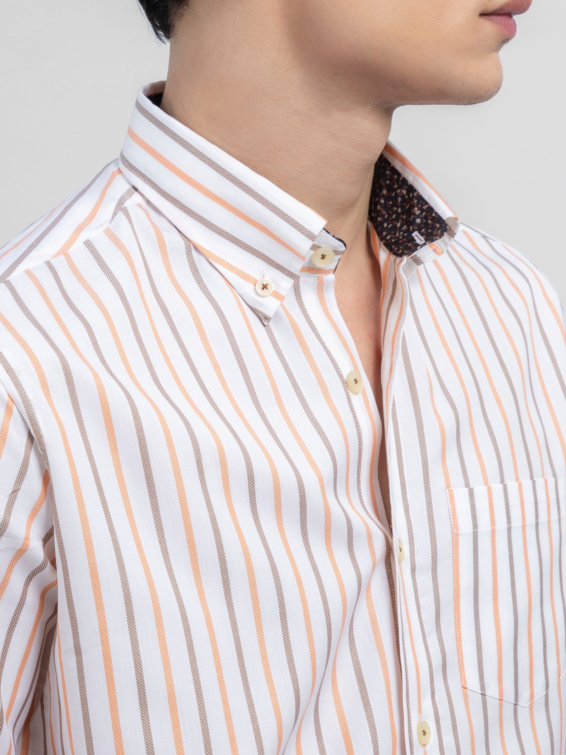Orange & White Striped Button Down Shirt With Detailing