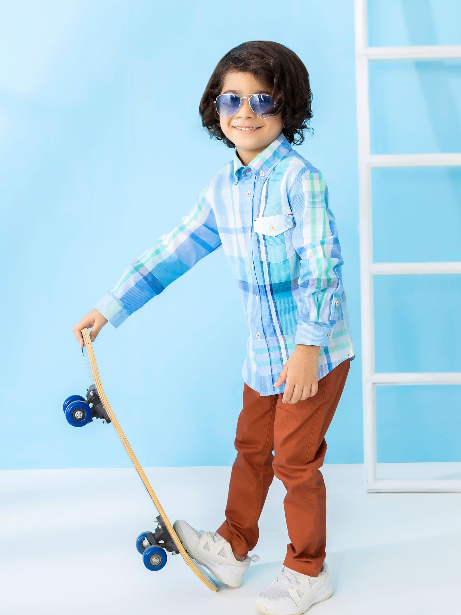 Pastel Blue Long Sleeve Checkered Casual Shirt