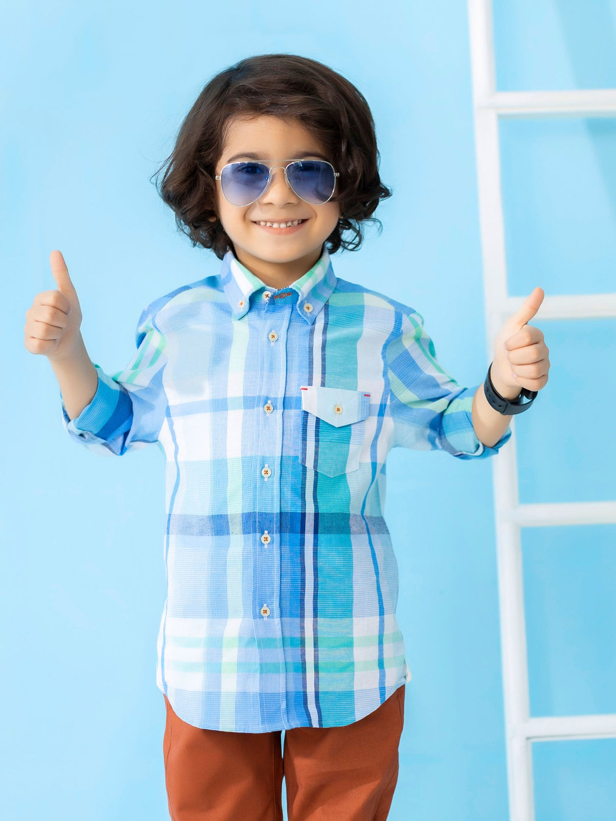 Pastel Blue Long Sleeve Checkered Casual Shirt