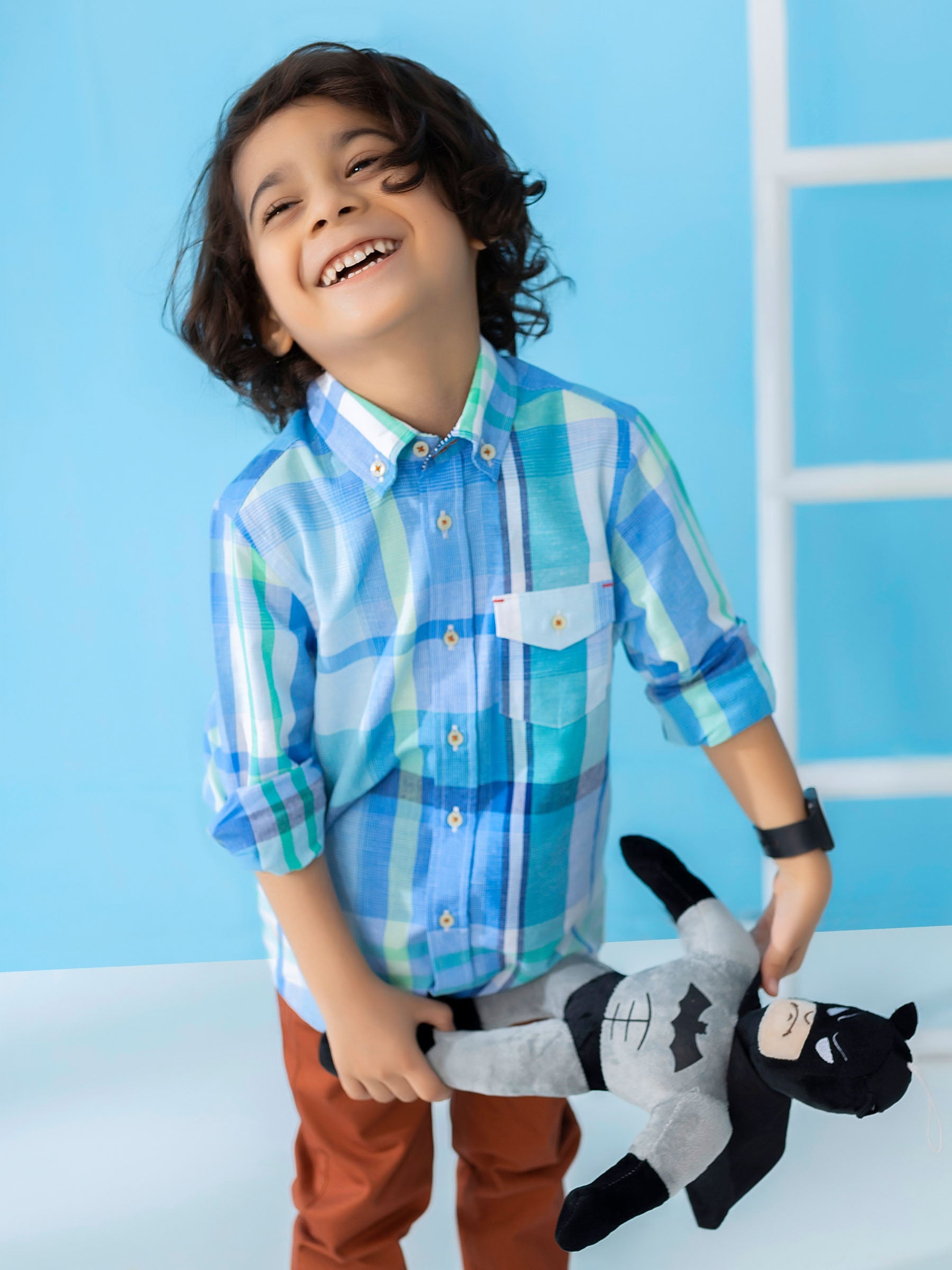 Pastel Blue Long Sleeve Checkered Casual Shirt