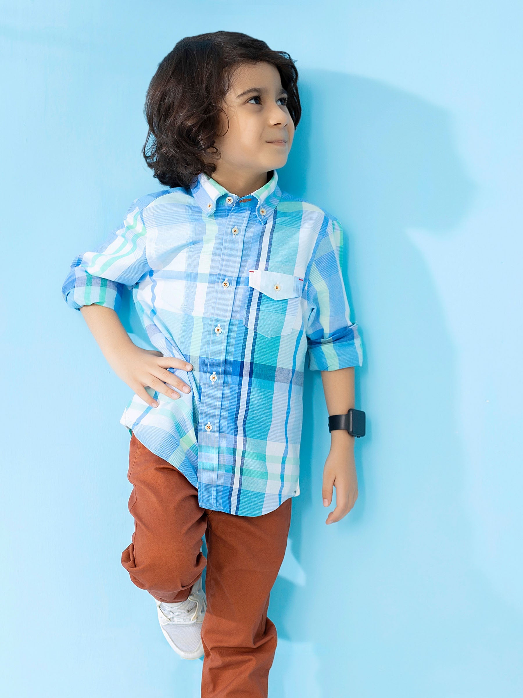 Pastel Blue Long Sleeve Checkered Casual Shirt