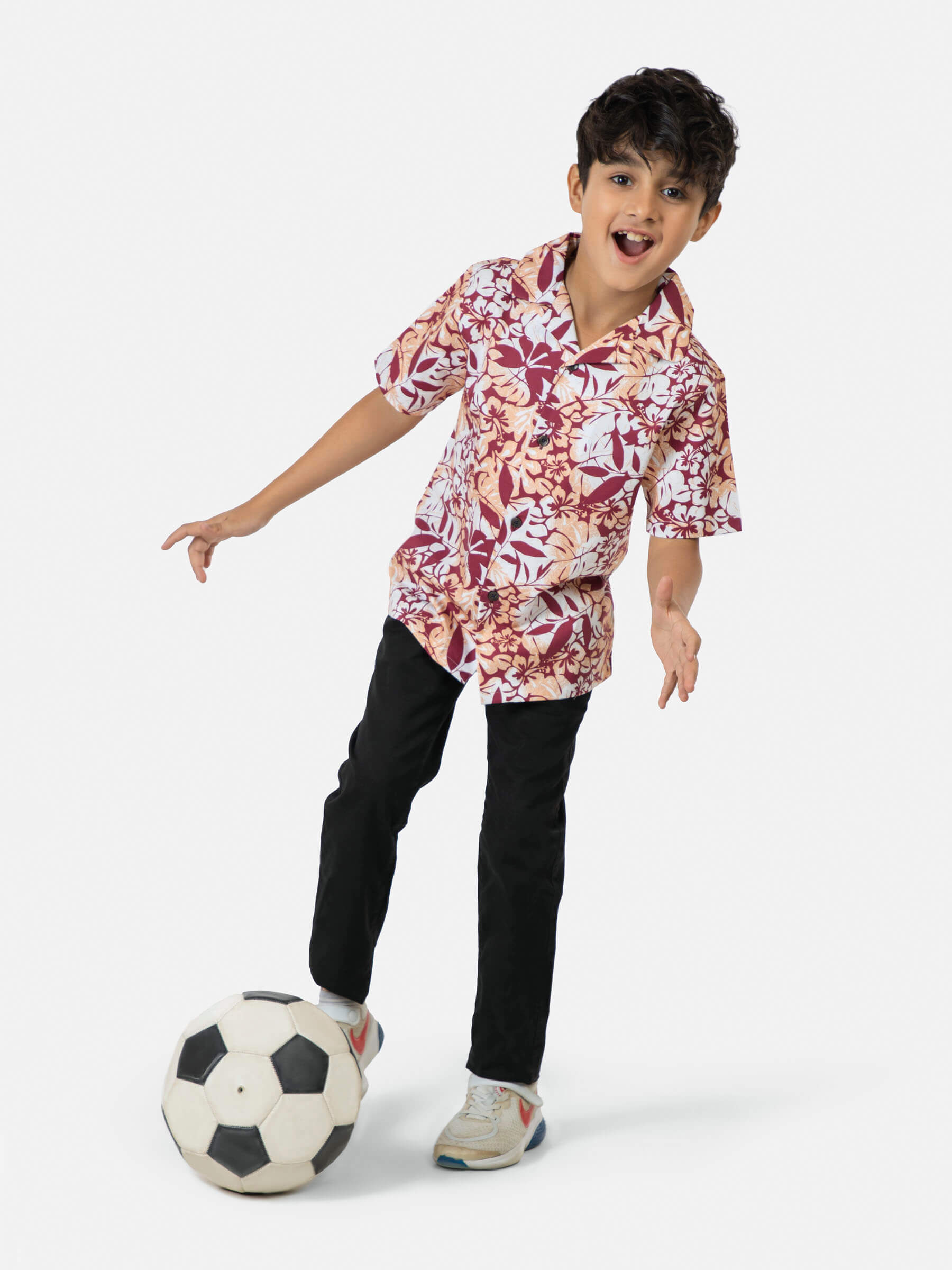 Peach Floral Printed Cuban Collar Half Sleeve Casual Shirt