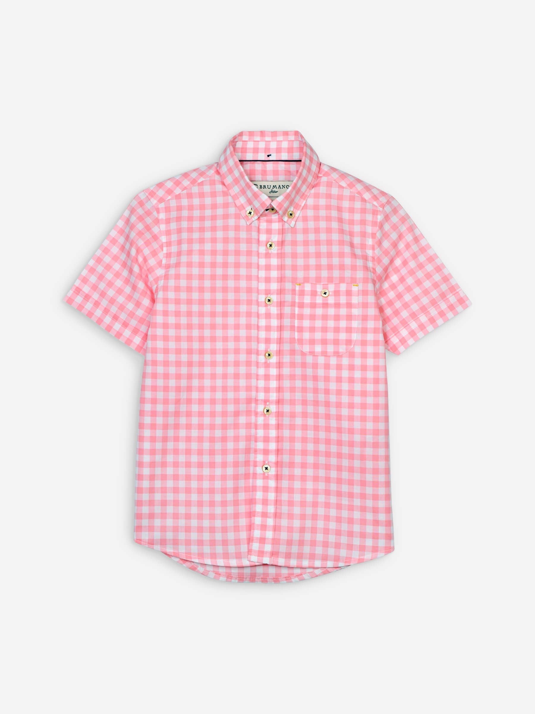 Peach Pink Gingham Short Sleeve Casual Shirt