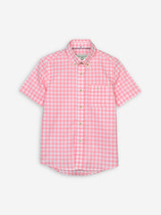 Peach Pink Gingham Short Sleeve Casual Shirt
