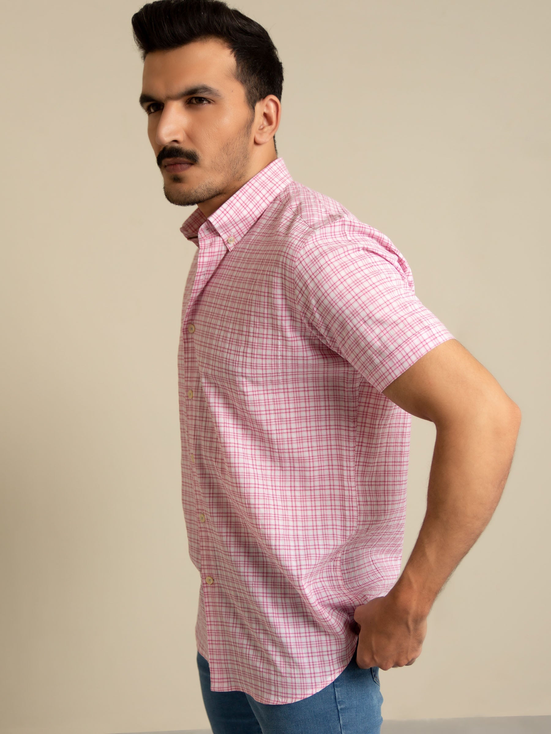 Pink Seersucker Half Sleeve Shirt