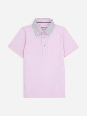 Pink Casual Polo Shirt With Printed Floral Collar