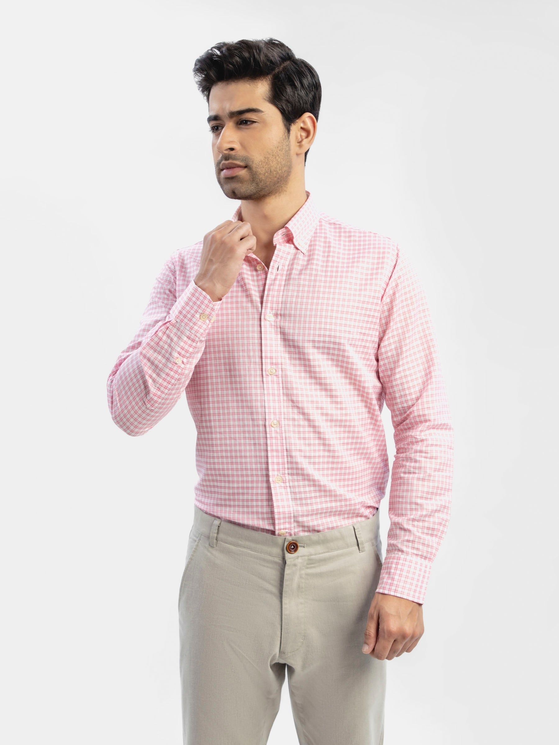 Pink Linen Gingham Shirt With Button Down Collar