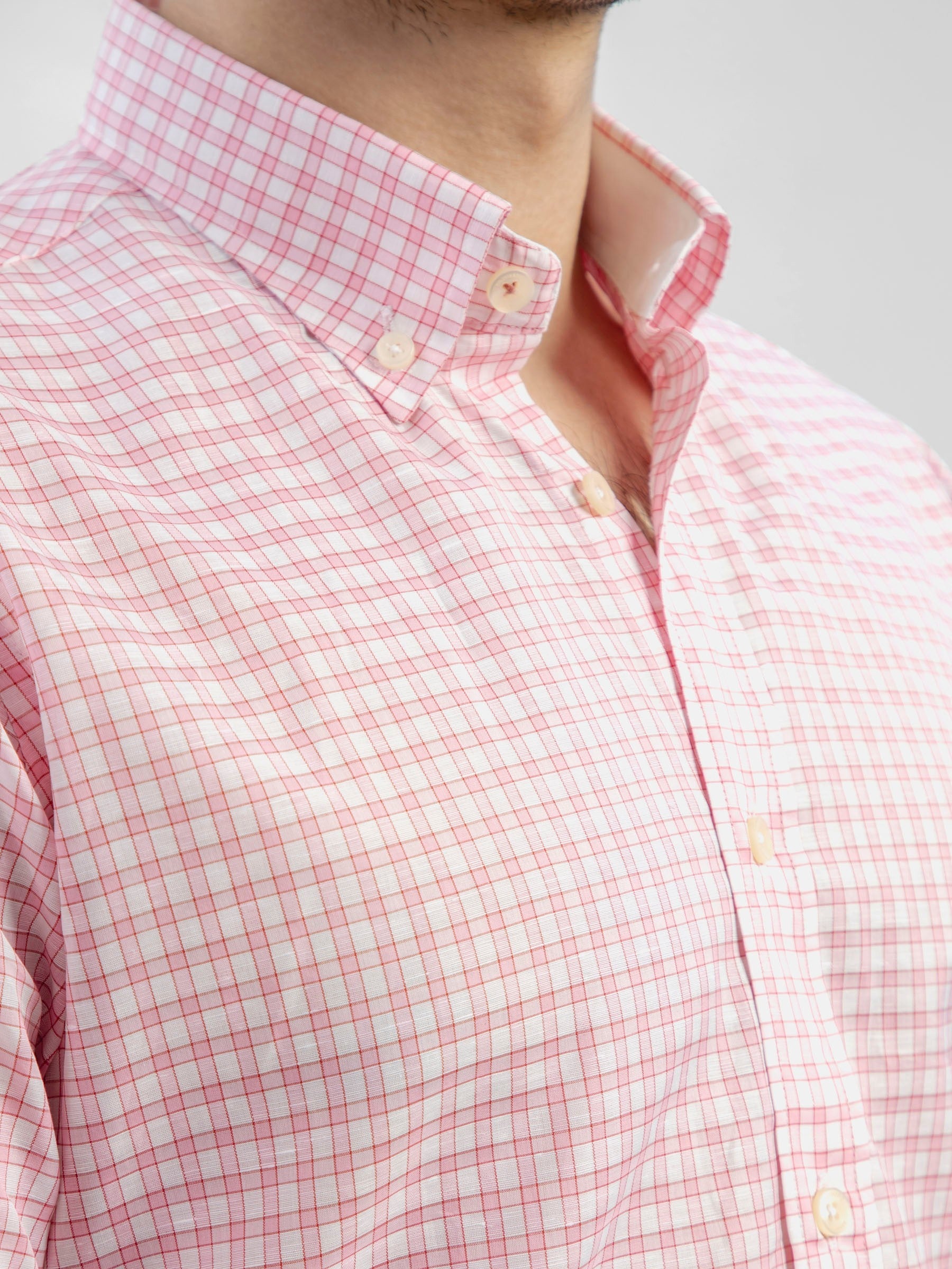 Pink Linen Gingham Shirt With Button Down Collar