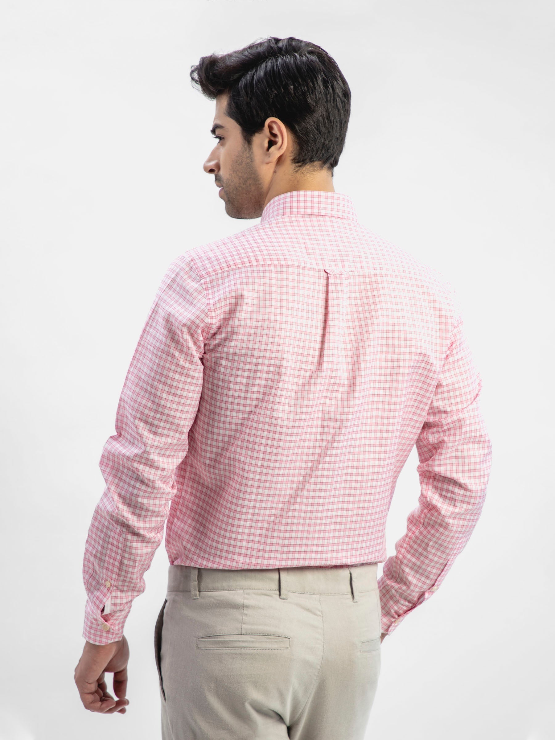 Pink Linen Gingham Shirt With Button Down Collar