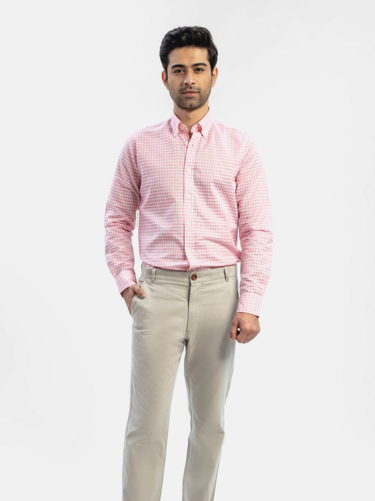 Pink Linen Gingham Shirt With Button Down Collar