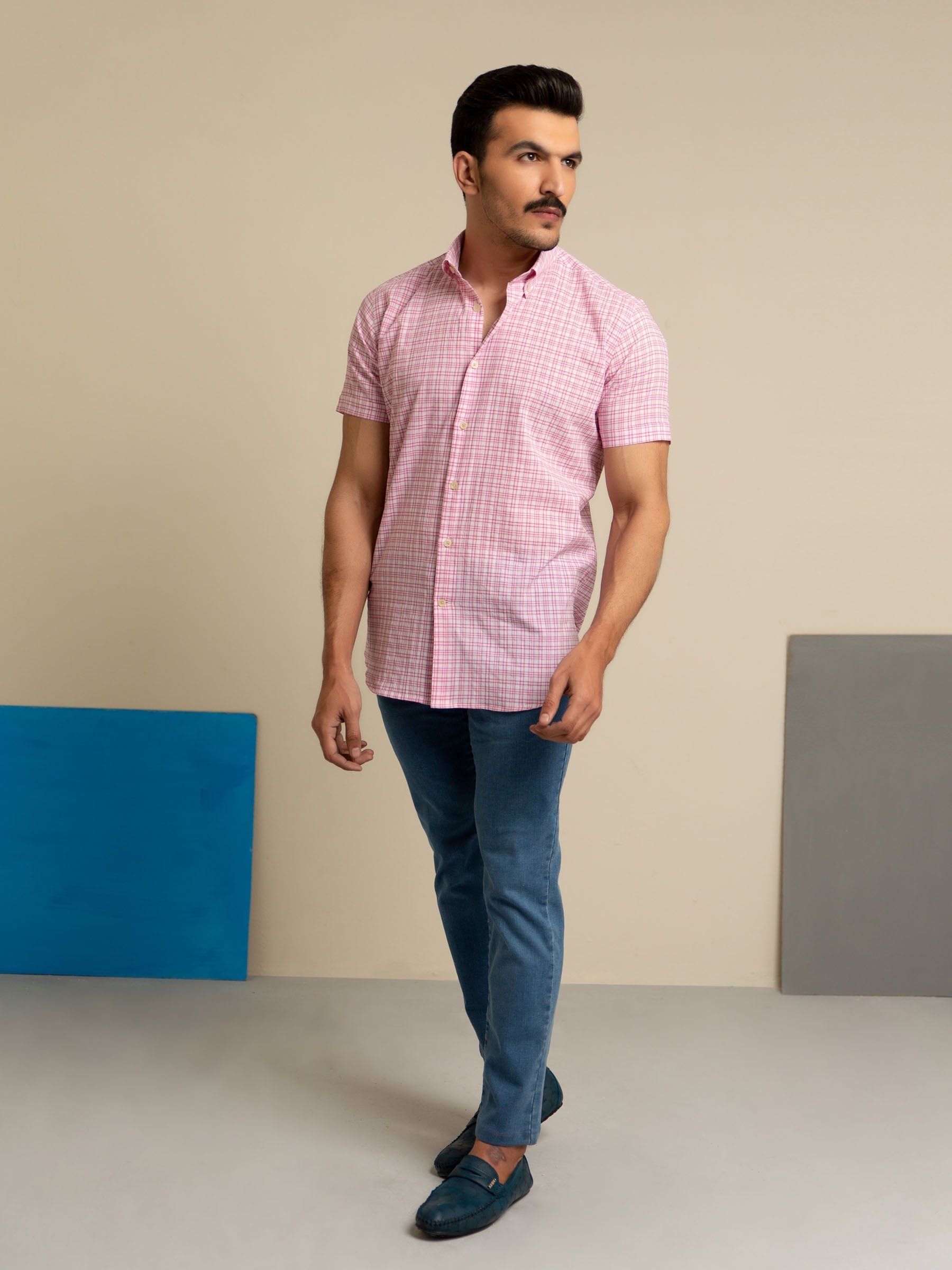 Pink Seersucker Half Sleeve Shirt