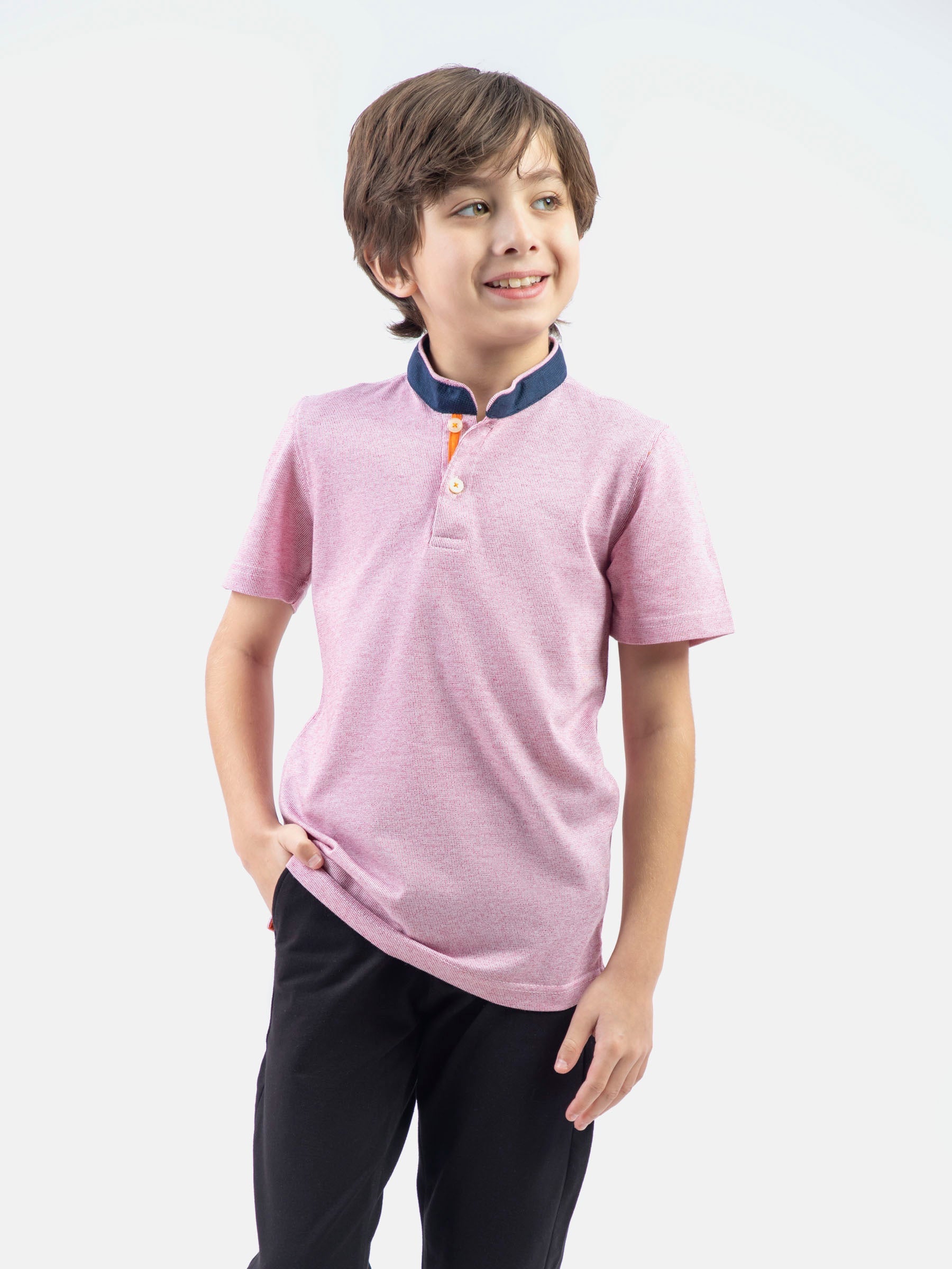 Pink Striped Mao Collar Casual Polo
