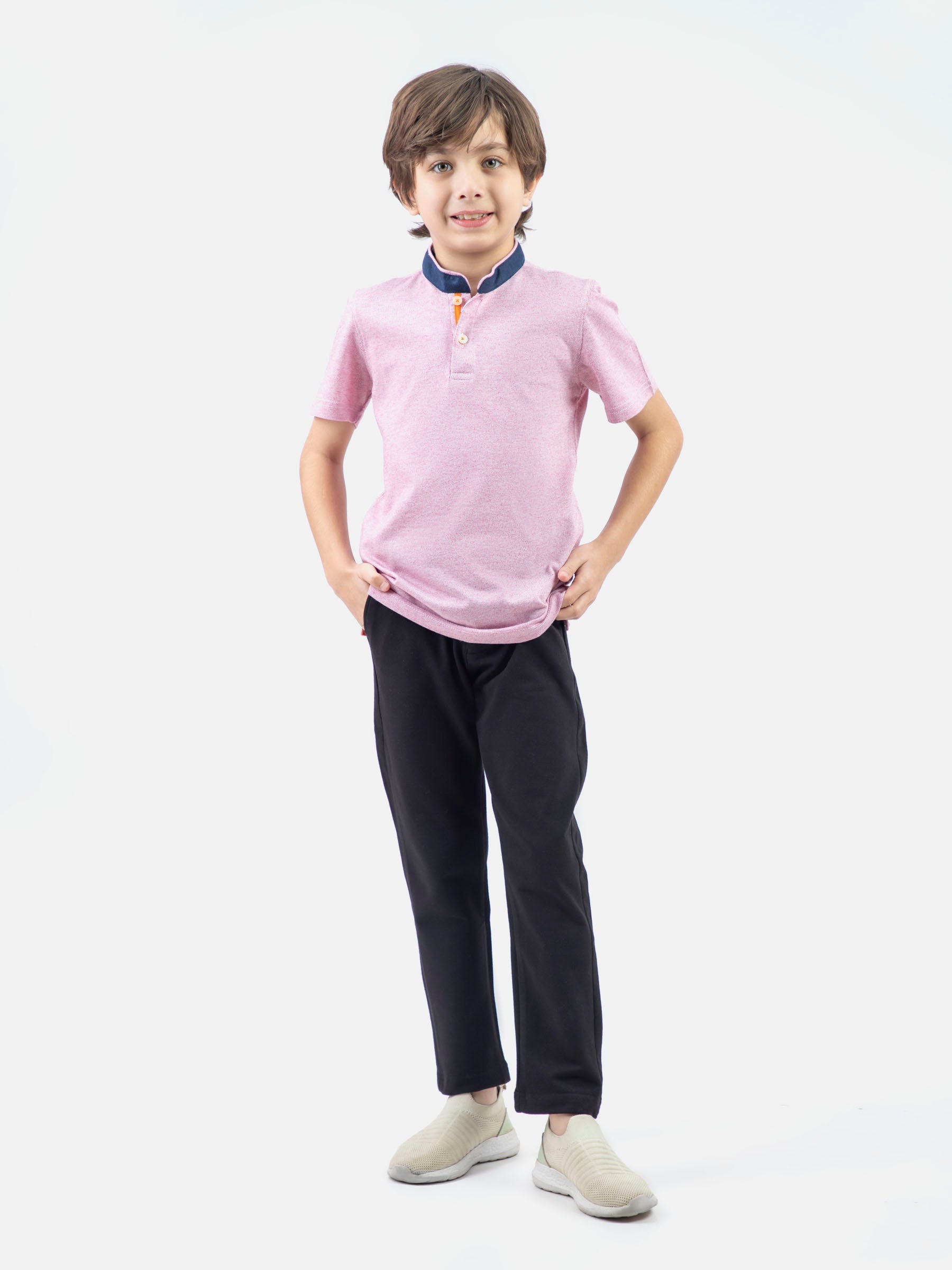Pink Striped Mao Collar Casual Polo