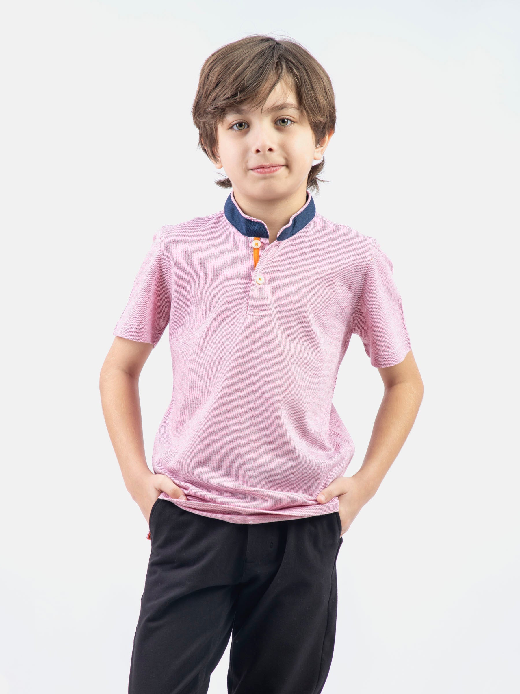 Pink Striped Mao Collar Casual Polo