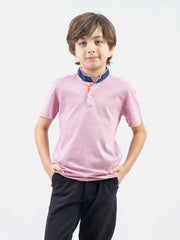 Pink Striped Mao Collar Casual Polo