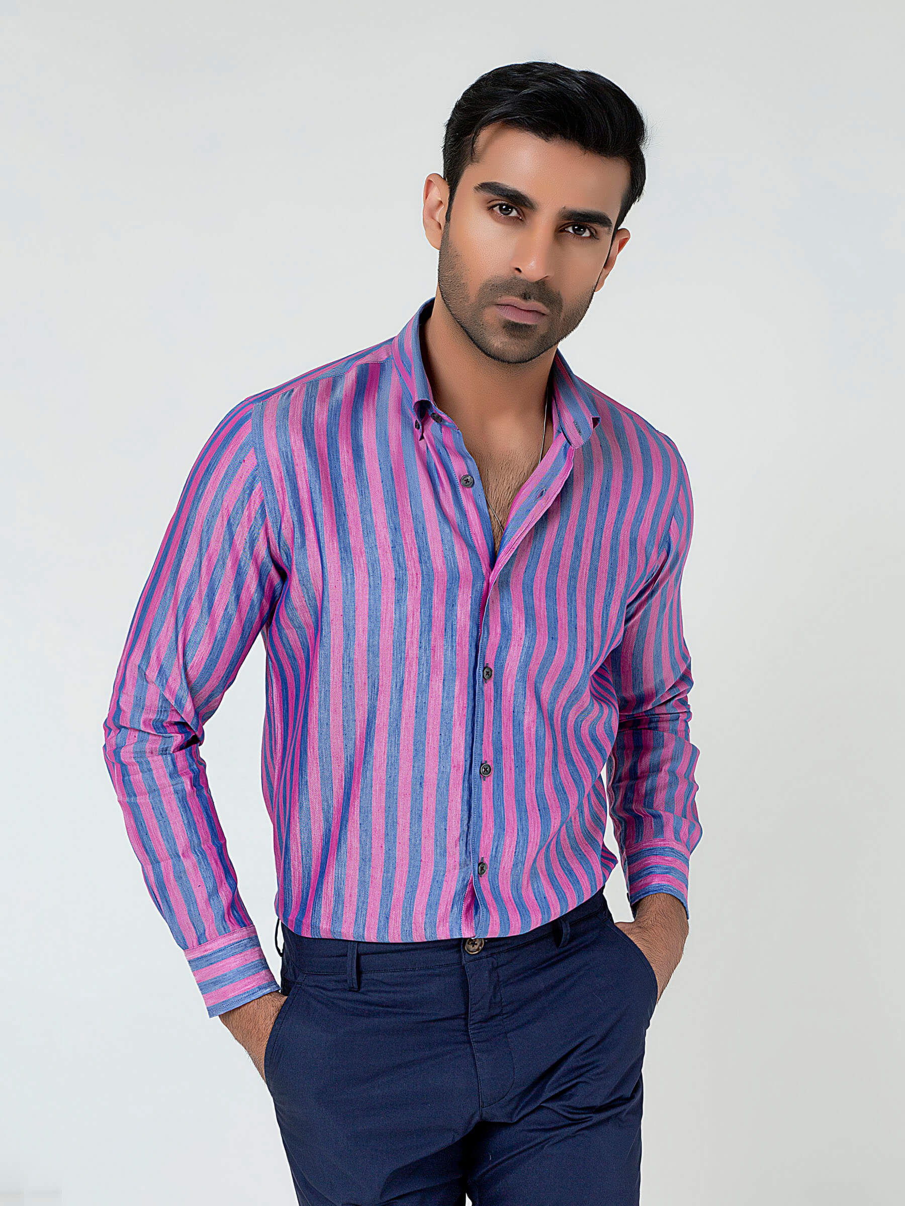 Pink & Blue Bold Striped Linen & Silk Shirt